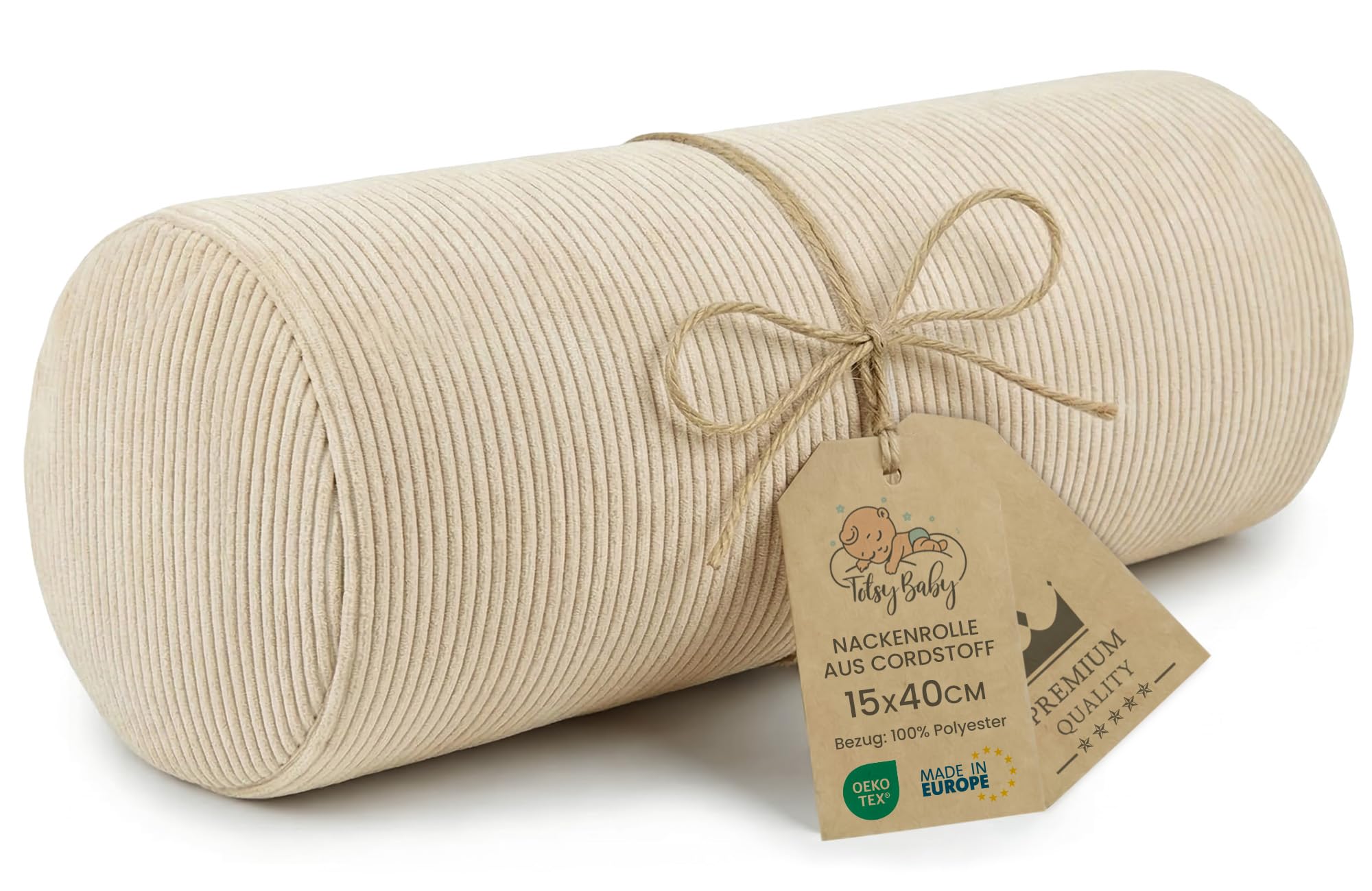 Nackenrolle mit Bezug Yoga Bolster Knierolle Lagerungsrolle 40x15 cm - Nackenkissen Kissenrolle Yogabolster Kniekissen Zierkissen und kleines Kissen lange Rolle Oeko-Tex Hellbeige Cordstoff