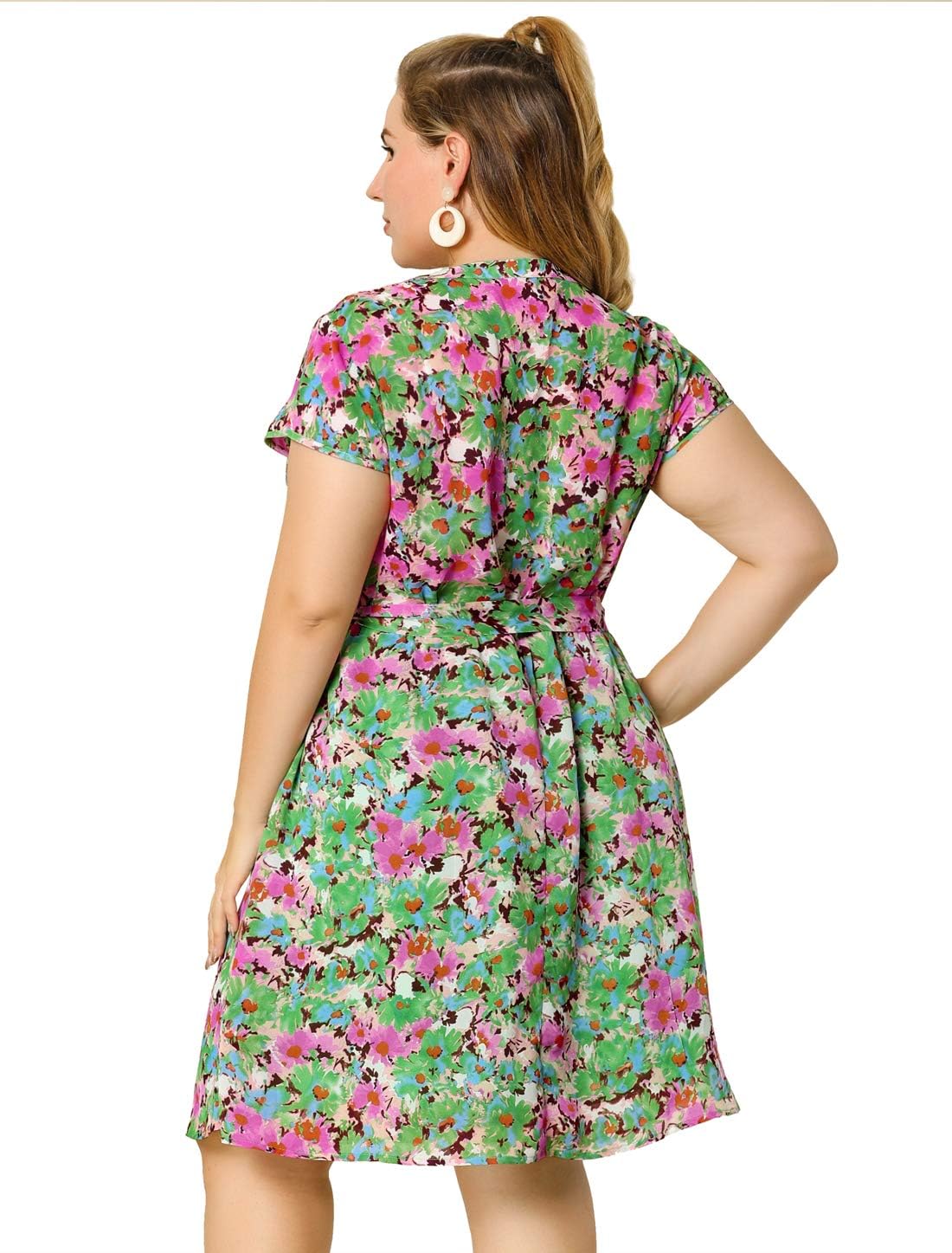 Agnes Orinda Dresses for Women Plus Size 2024 V Neck Short Sleeve Tie Waist Sundress Summer Casual Midi Dress - Image 5