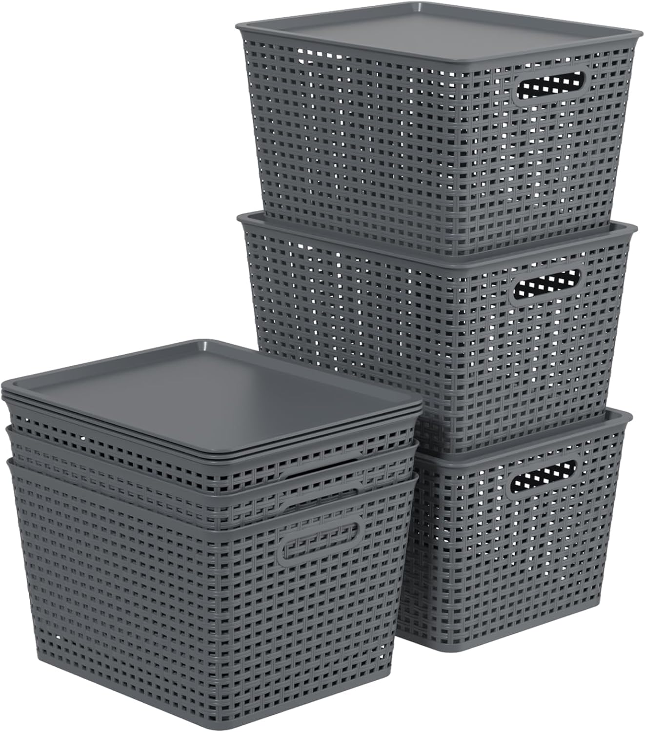 6 Packs Large Plastic Storage Basket Bin with Lid, Tall Stackable Lidded Organizer Baskets for Desktops, Closets, Shelves, Gray