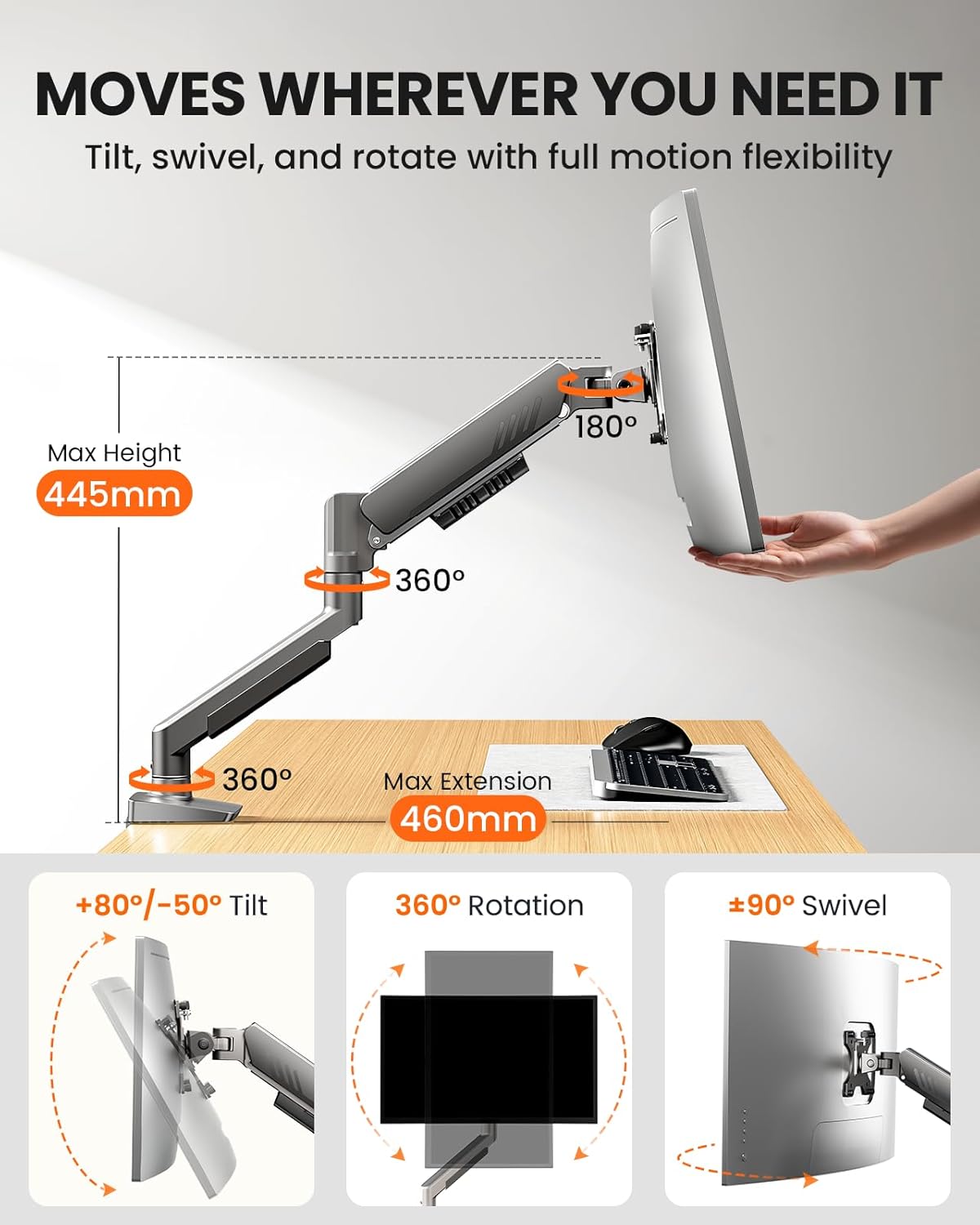 ErGear Single Monitor Arm, Fully Adjustable Monitor Mount for 13–34 Inch Screens, Fast Install Computer Monitor Stand with Tool-Free VESA Mount, Cable Management, Holds 19.8 lbs, Max VESA 100x100mm