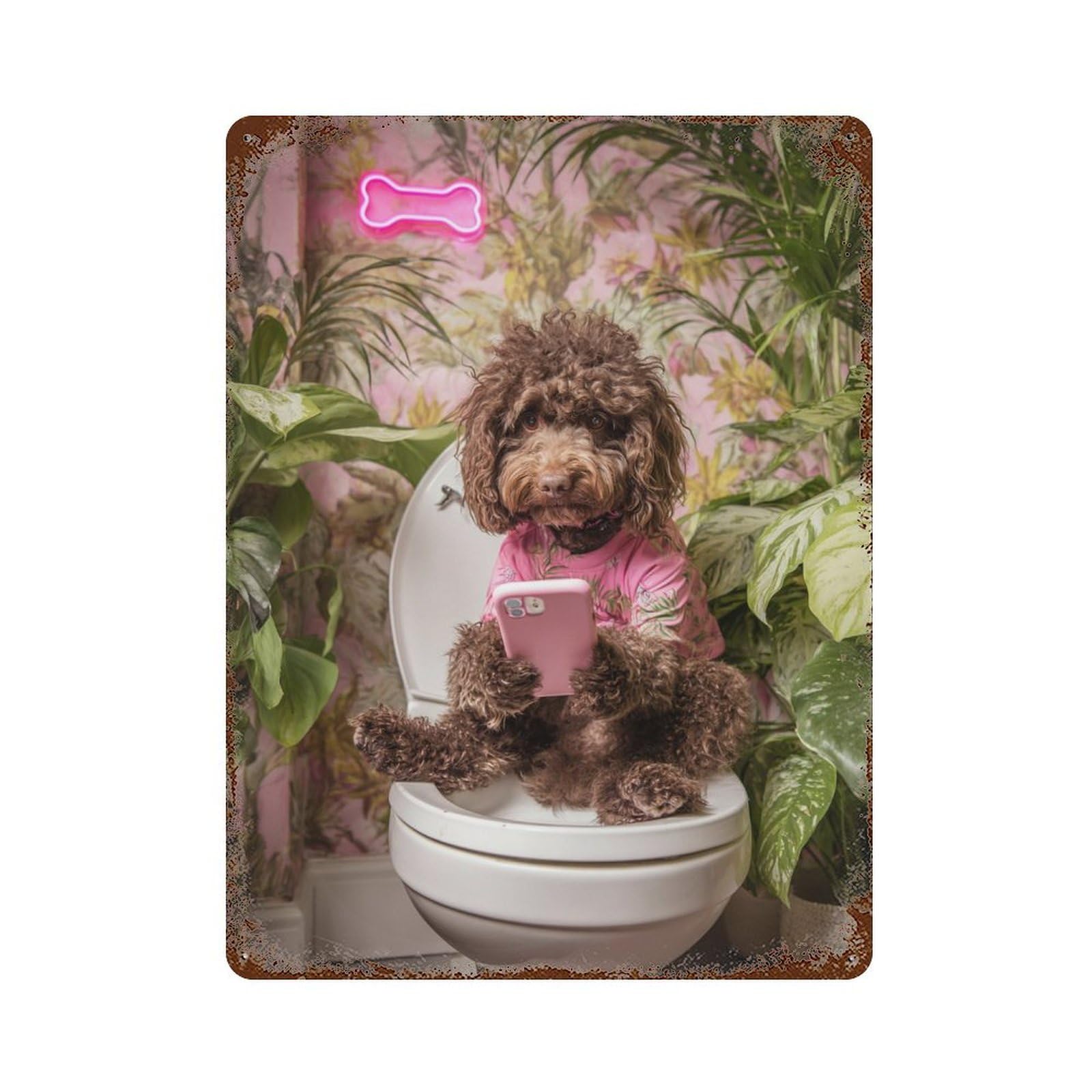 Poodle on Toilet with Phone-2 15.7"x11.8" Aged Metal Wall Plaque, Vintage Wall Decor for Bistro, Counter And Cafe Decor