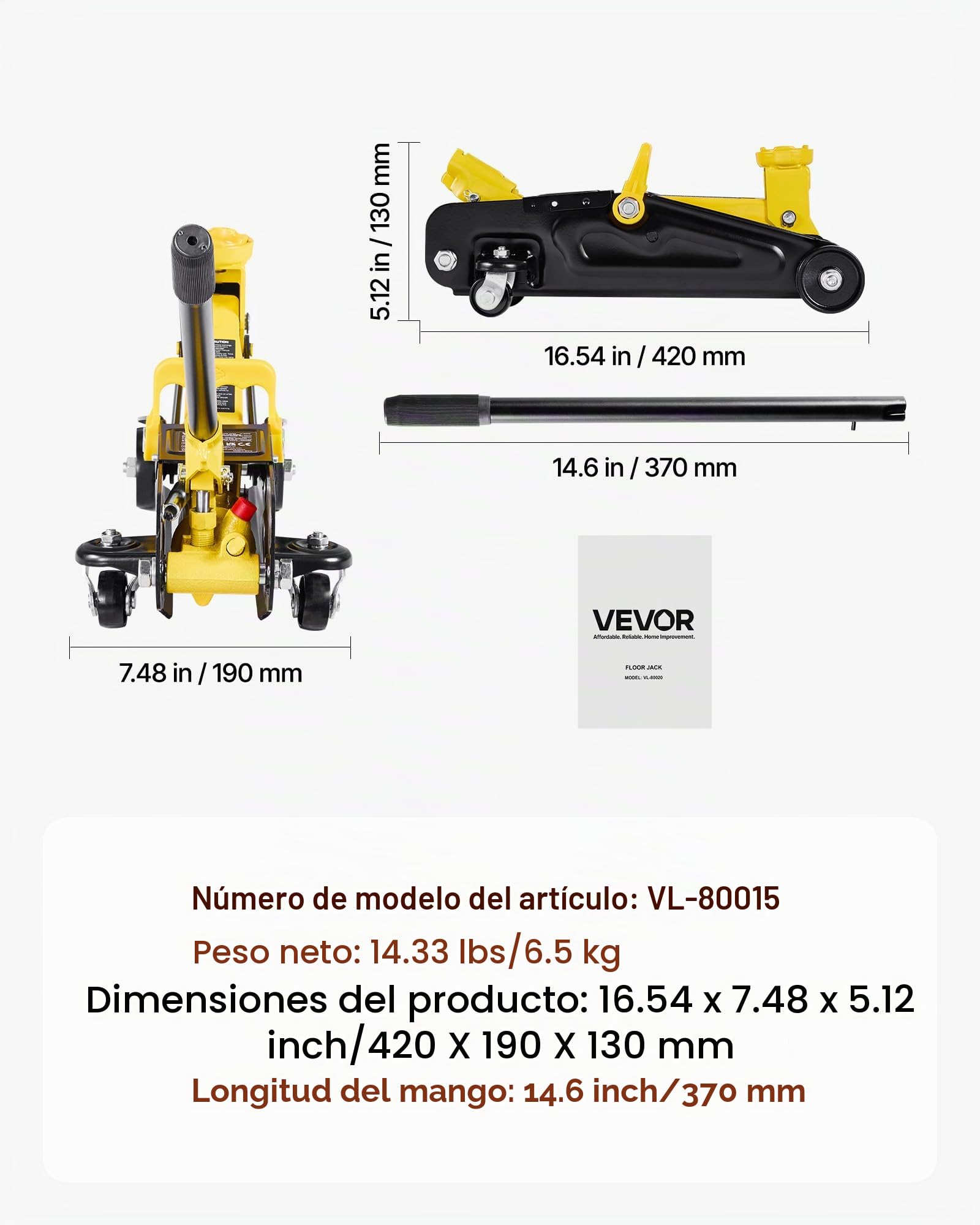 VEVOR Gato Hidráulico de Perfil Bajo Capacidad de Carga de 1,5 T, Gato de Acero para Coches, Bomba de Elevación Rápida de Un Solo Pistón, Rango de Elevación 130-310 mm, para Automóviles, Vehículos