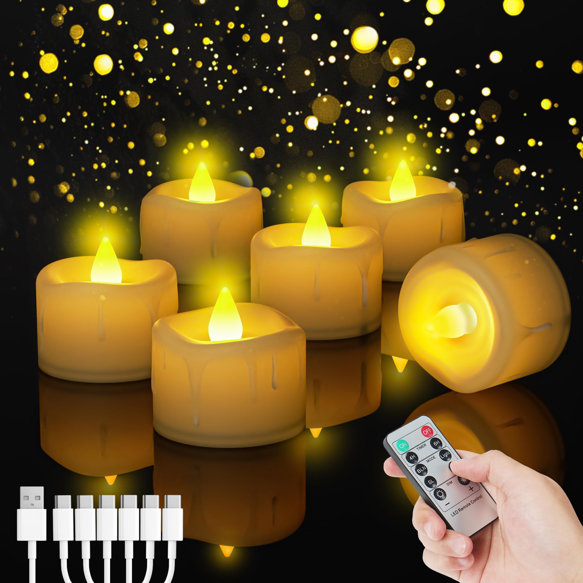Buudala LED Teelichter mit Timerfunktion, 12 Stück Dimmbar Kerzen mit 6-in-1 USB-C Ladekabel und Fernbedienung, Elektrische Aufladbar Candles für Halloween Weihnachten Party Deko