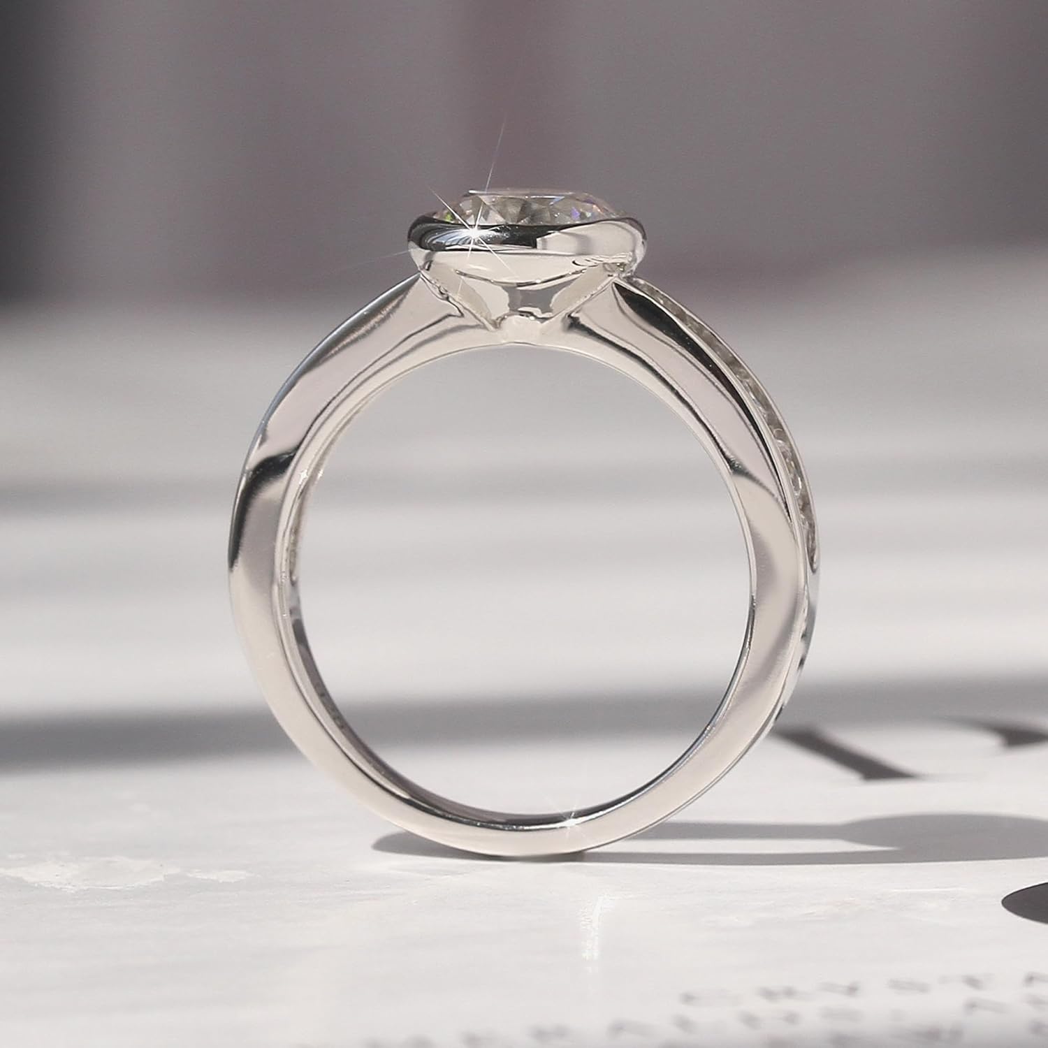 DoubleAccent Platinum Plated Sterling Silver Wedding Ring 1.25 CT Round CZ Stone Bezel Engagement Ring (Size 5 to 9)