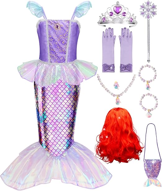 Meland Mermaid Dress - Little Mermaid Costume with Bag for Girls 3-8, Birthday Gift