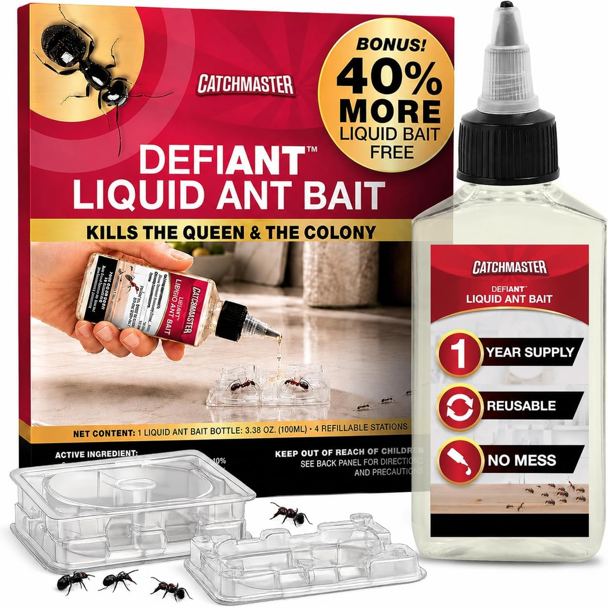 Defiant Premium Liquid Ant Killer, 1-Year Supply, Kills the Queen and Colony, No Mess Precision Bottle, Reusable Ant Traps Indoor & Outdoor, Pest Control Traps, Made in USA
