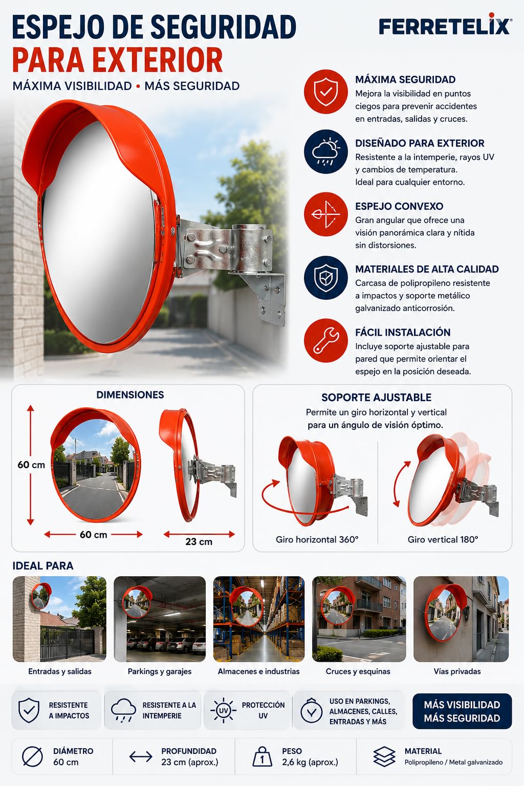 FERRETELIX Miroir convexe de sécurité extérieur 60 cm – incassable en polycarbonate – avec support mural et poteau – Anti-vandalisme et résistant aux intempéries