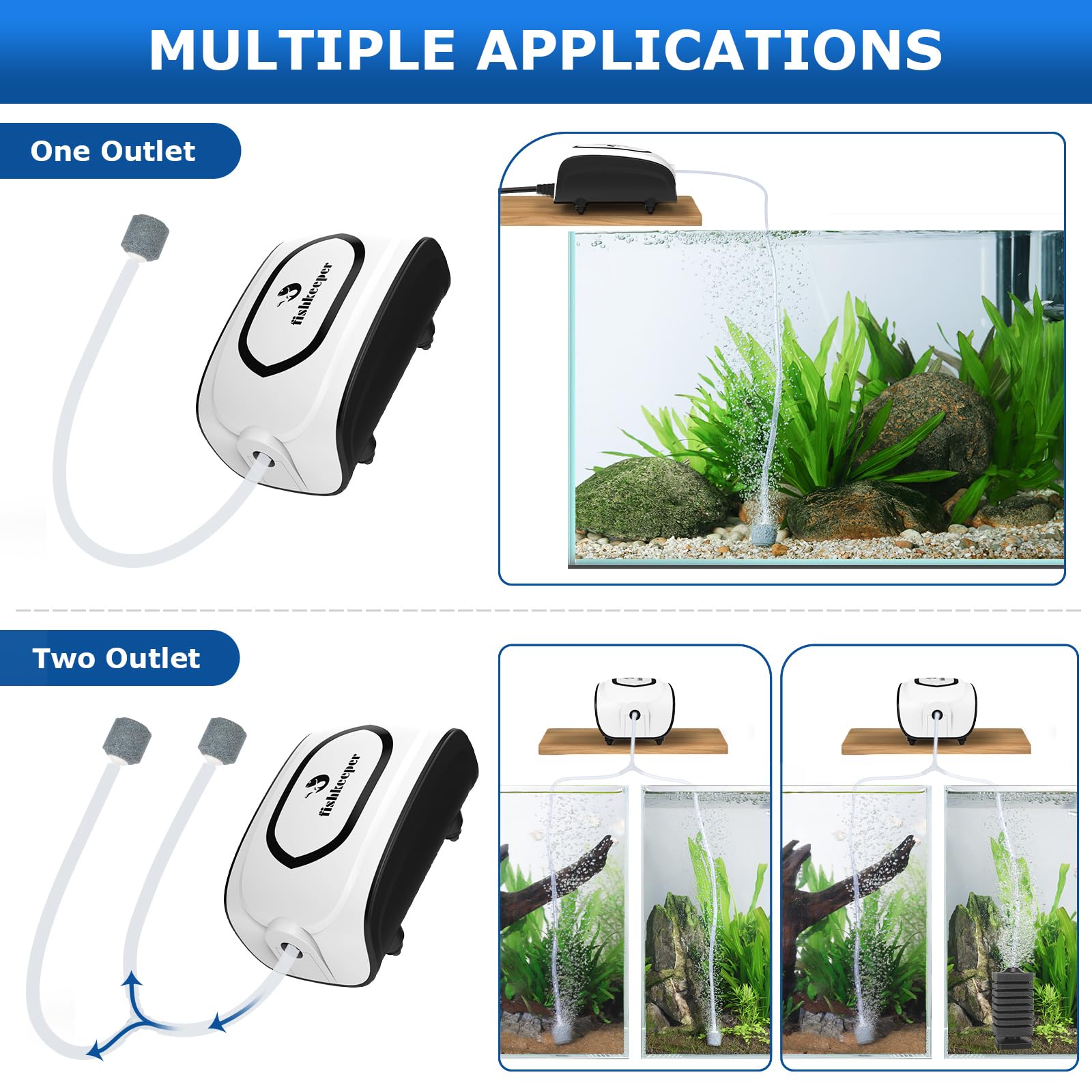 Fishkeeper - Bomba de aire para acuario de 3 W/5 W, bomba de aireador de oxígeno ajustable ultra silenciosa para tanques de peces de 1 a 160 galones, burbujeador de acuario de alto rendimiento con