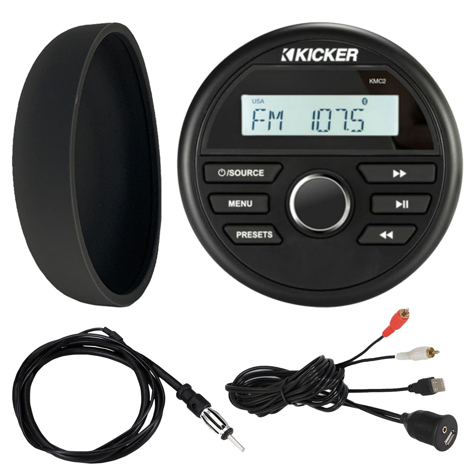 Kicker 46KMC2 Marine Bluetooth All-Weather AM/FM USB/AUX Gauge Style Media Center Receiver W/Black Cover, Bundle Combo with USB/AUX 3.5MM Interface Adapter, Black Flexible Hideaway 22