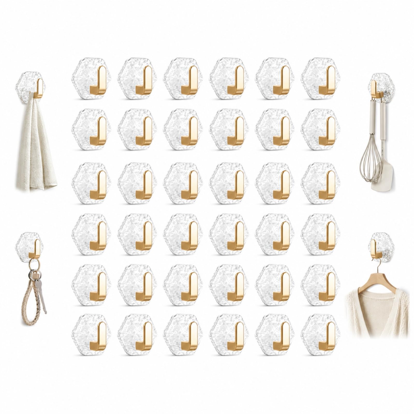 ZrdlqlLcjxy Water Ripple Hexagonal Self Adhesive Hooks, Drill Free Wall Hangers, Transparent Key Holder for Bathroom, Kitchen, Office, Living Room，30Pcs（Gold）