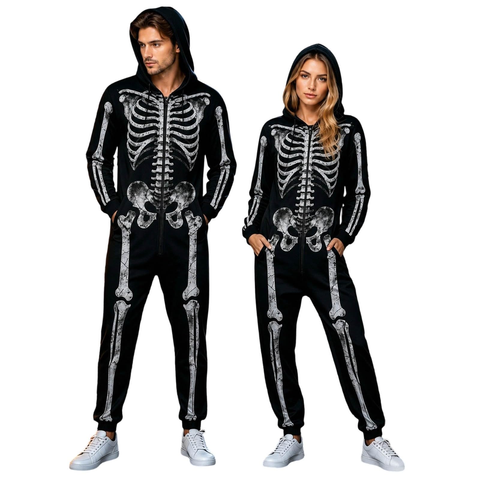 Skeleton Costume, Halloween Costumes Men Skeleton Onesie Adult Horror Skelettkostüme Zip-Up-Kapuze Hooded Jumpsuit Pyjama Nachtwäsche Homewear Fancy Dress Cosplay Kostüm