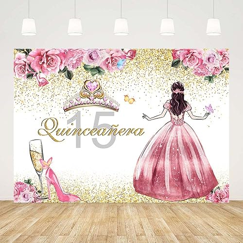 Miniatura 6 de Telón de fondo de quinceañera de 7 x 5 pies para niña, fondo de feliz cumpleaños de 15 años, flores rosas, tacones altos, corona, princesa,