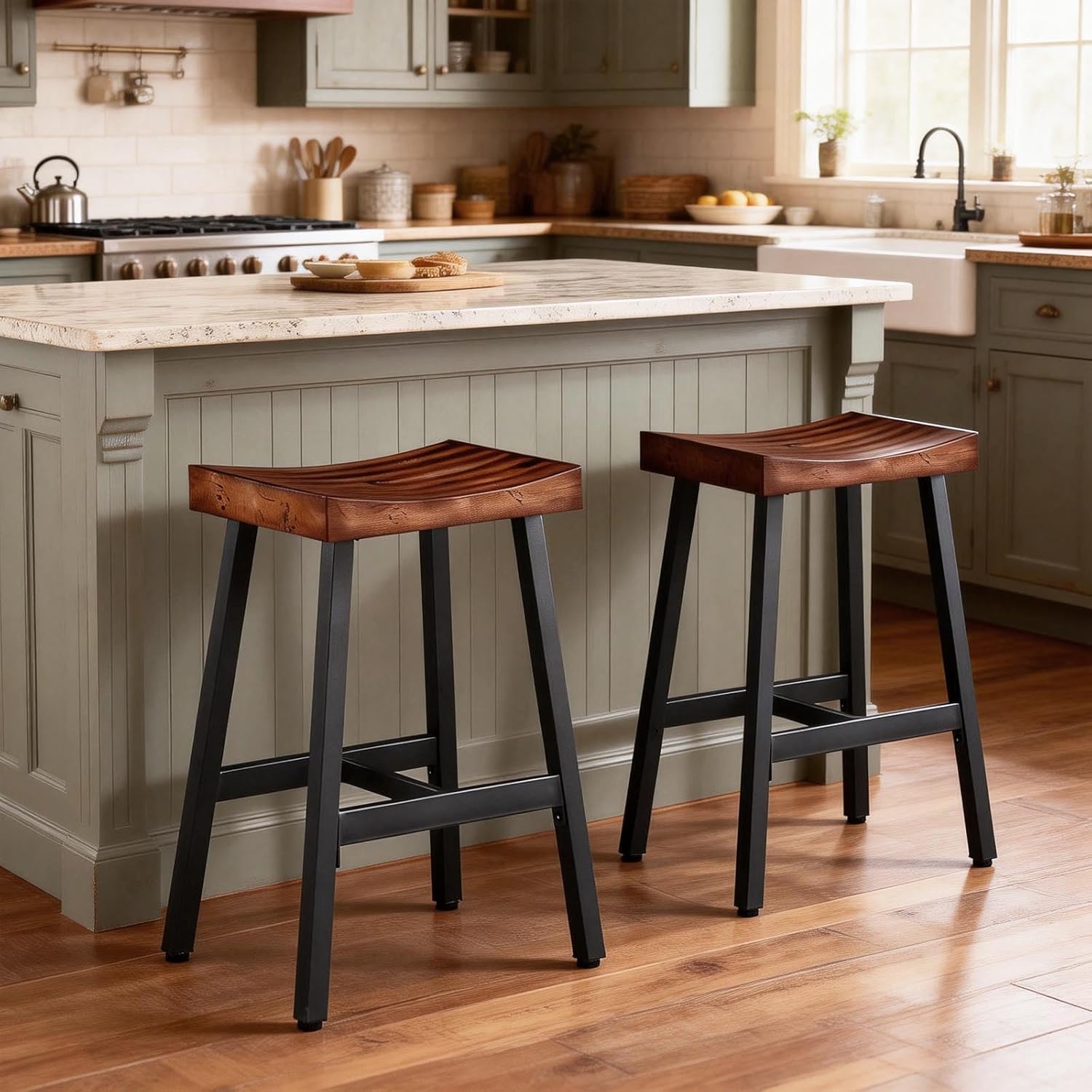 OUllUO Bar Stools Set of 4, Backless Saddle Barstools, 25" Counter Height Bar Stools, Solid Wood Counter Stools with Metal Frame, 521P-BBWD4