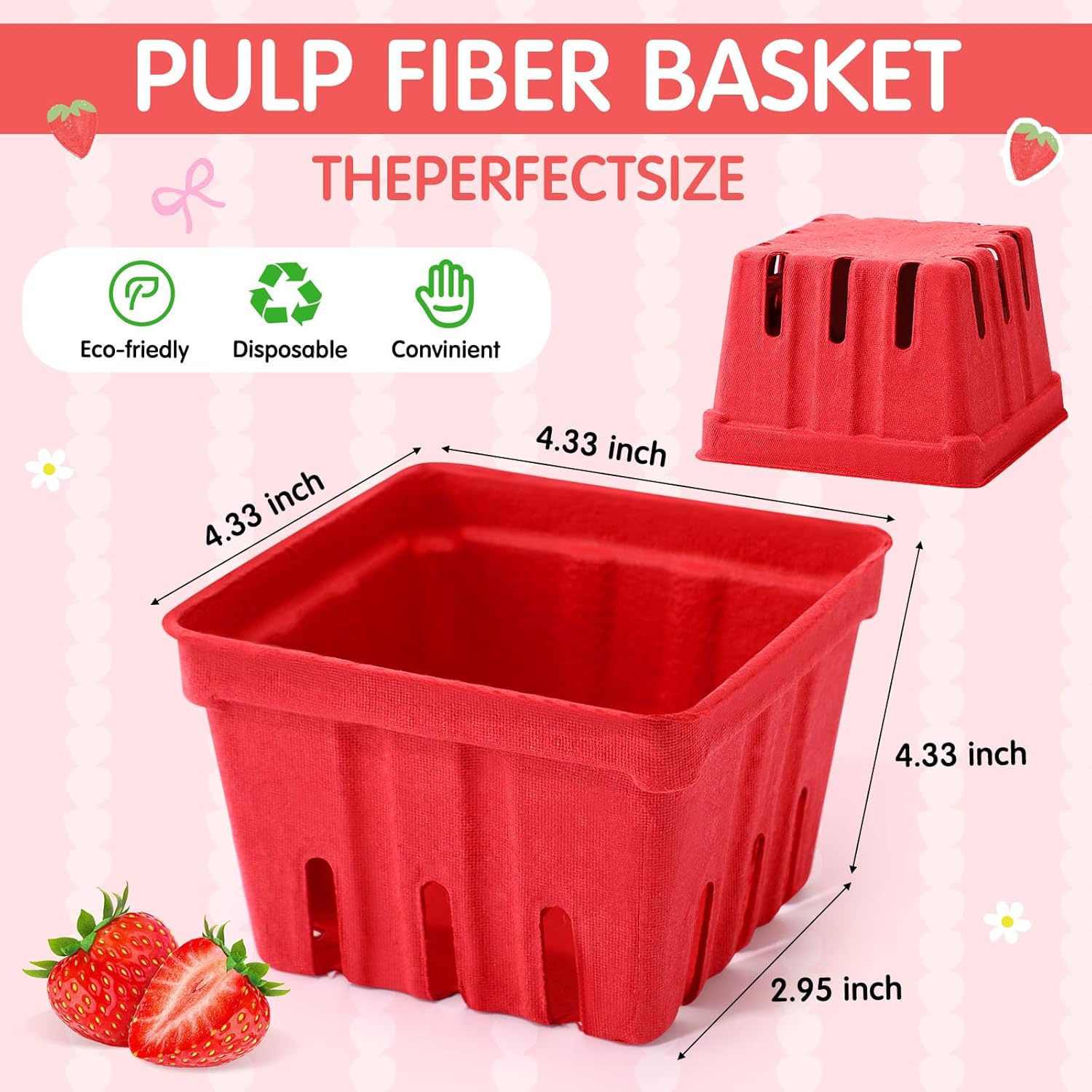 Mimorou Red Natural Pulp Fiber Berry Baskets, 4.3 x 4.3 x 4.3 Molded Produce Vented Basket Paper Fruit Containers for Party Decor Strawberry Blueberry Raspberry Vegetable Farmer Market Grocery(50 Pcs)