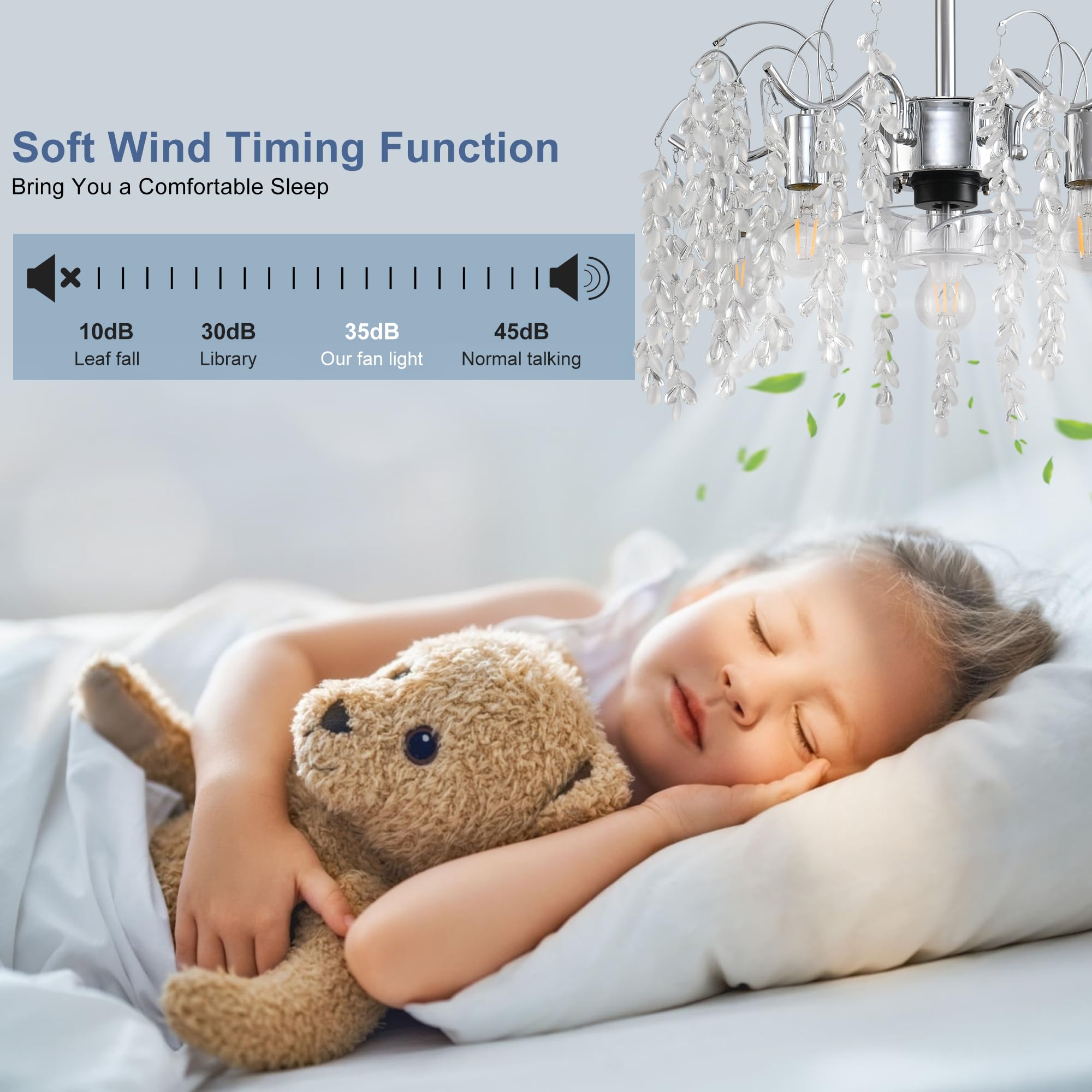 Ganeed Ventilatore da soffitto Cristallo con Luci e Telecomando Lampadario Moderno Lampada a Sospensione 6 Velocità Vento per Camera da Letto Cucina Soggiorno Foglia di Salice 4 Luci