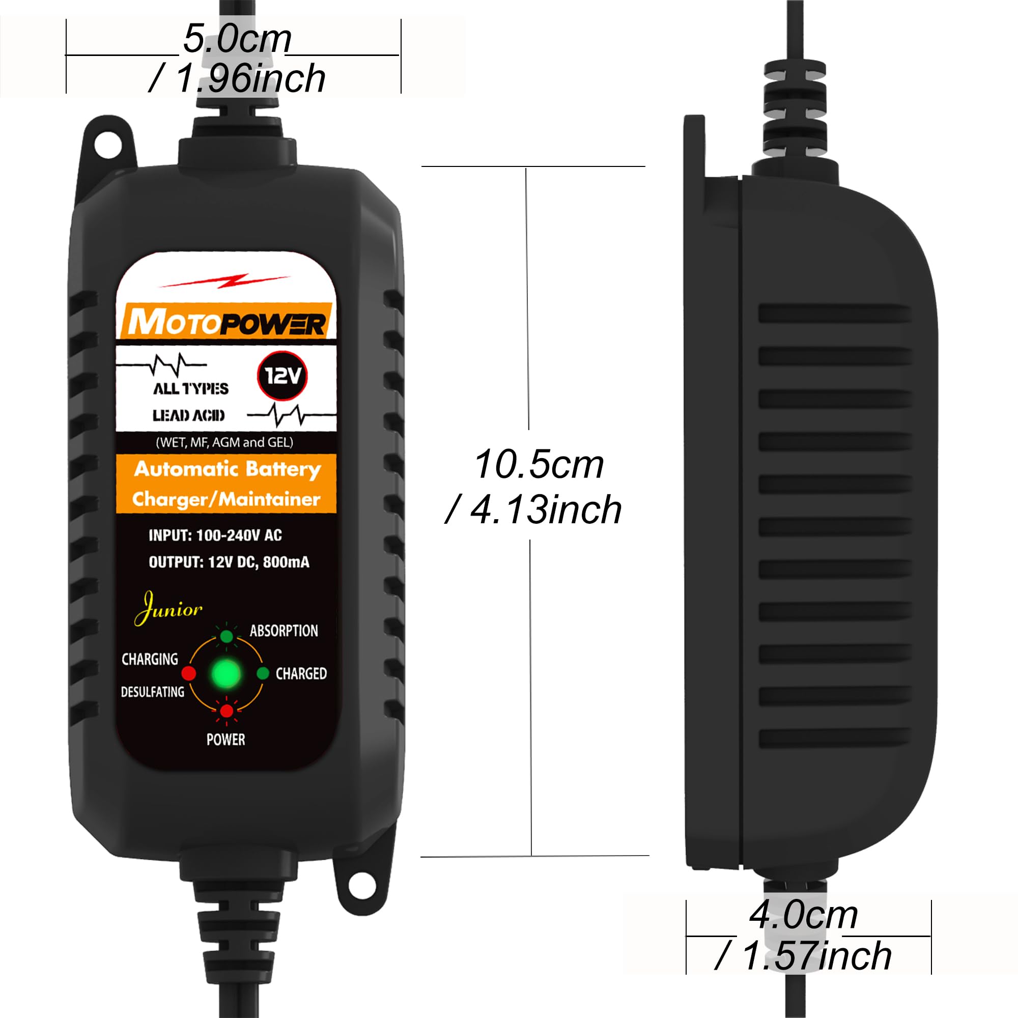 MOTOPOWER MP00205A 12V 800mA completamente automatico caricabatterie/manutentore per auto, moto, ATV, camper, Powersports, barca e altro ancora. Intelligente, compatto ed ecologico