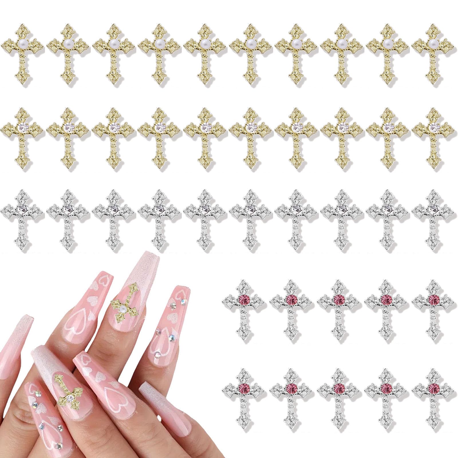 Nail Art Cross,40PCS Pearl Rhinestones Cross Nail Charms