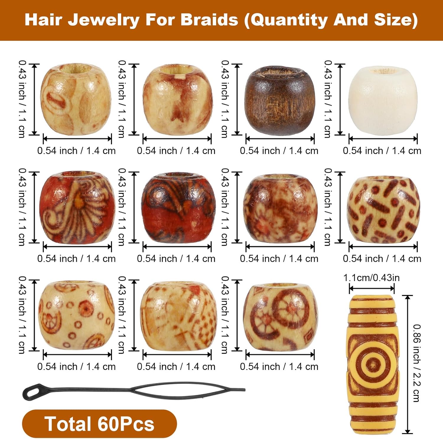 60 Pcs Hair Beads, Wooden Painted Beads Vintage Dreadlock Large Bead Hair Jewelry Hairs Charms Hairs Cuffs Dreadlock Accessories for Kids Women Men Crafts DIY Bracelets Necklace Braids - Image 2