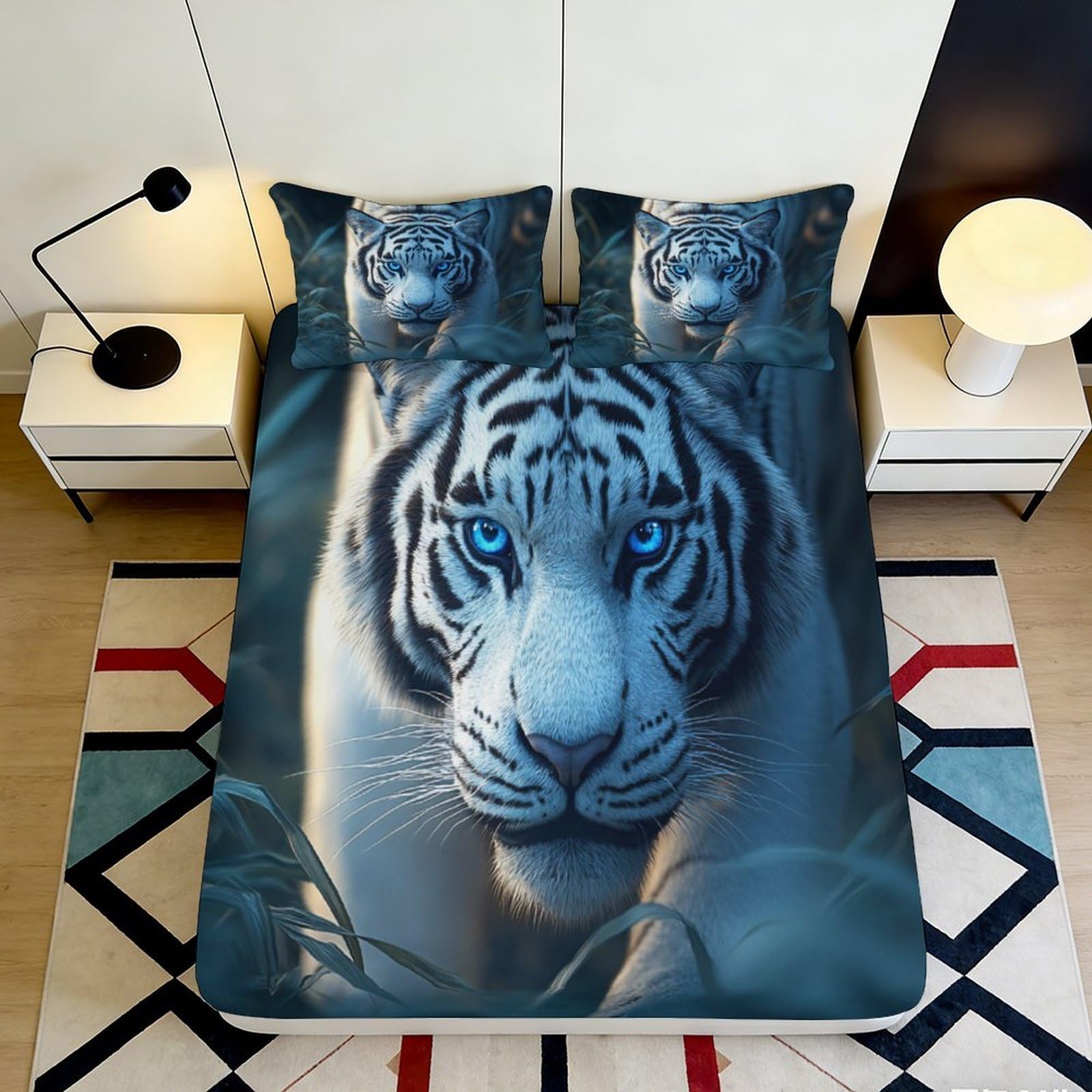3D Printed White Tiger Fitted Sheet Microfiber Elastic Hem Bedroom Bedding White Tiger Mattress Fitted Cover Deep Pocket Non-Slip for Adults 200x200x25cm 90x200x25cm