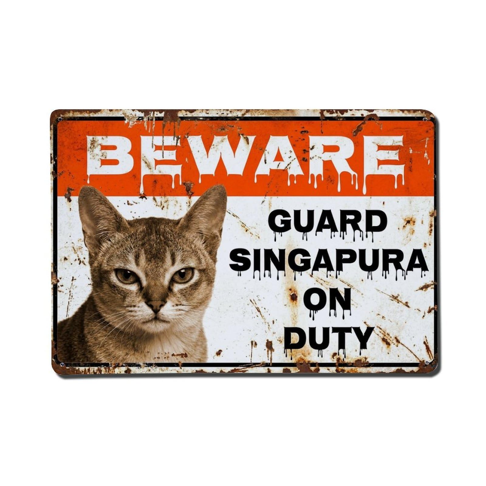 Vintage Funny Singapura Guard Beware of Cat Hallway Metal Tin Sign