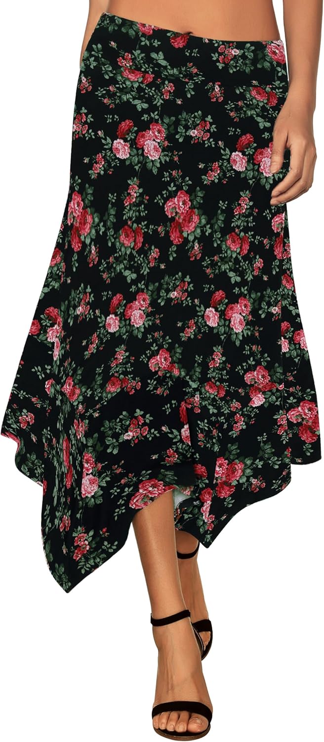 DJT Women's Skirts Stretchy Waistband A Line Handkerchief Hem Flowy Flared Casual Midi Skirt