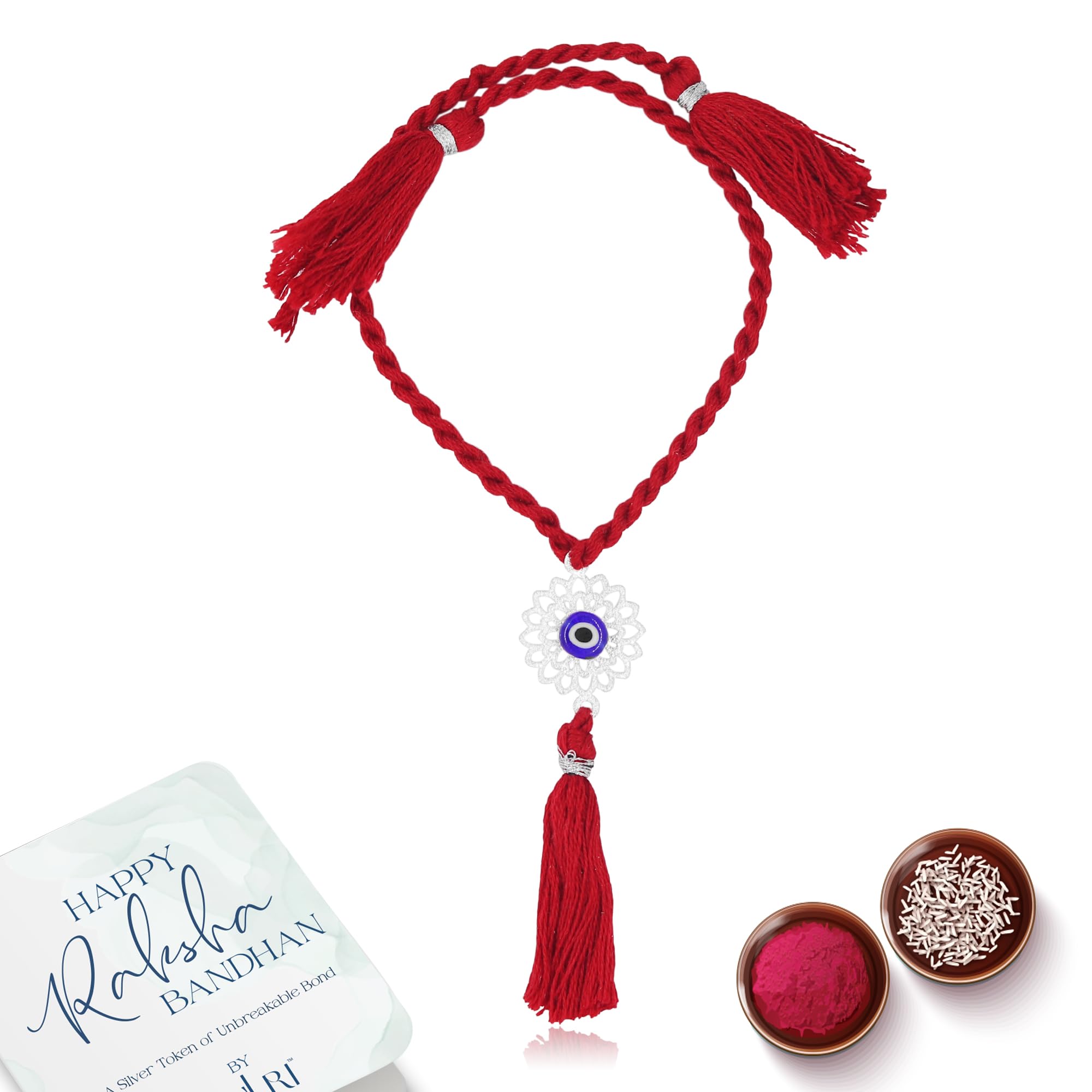 925 Sterling Silver Evil-Eye Rakhi Cotton Red Thread | Rakshabandhan Rakhi With Greeting Card & Roli Chawal and Certificate of Authenticity 925 Silver-image-45