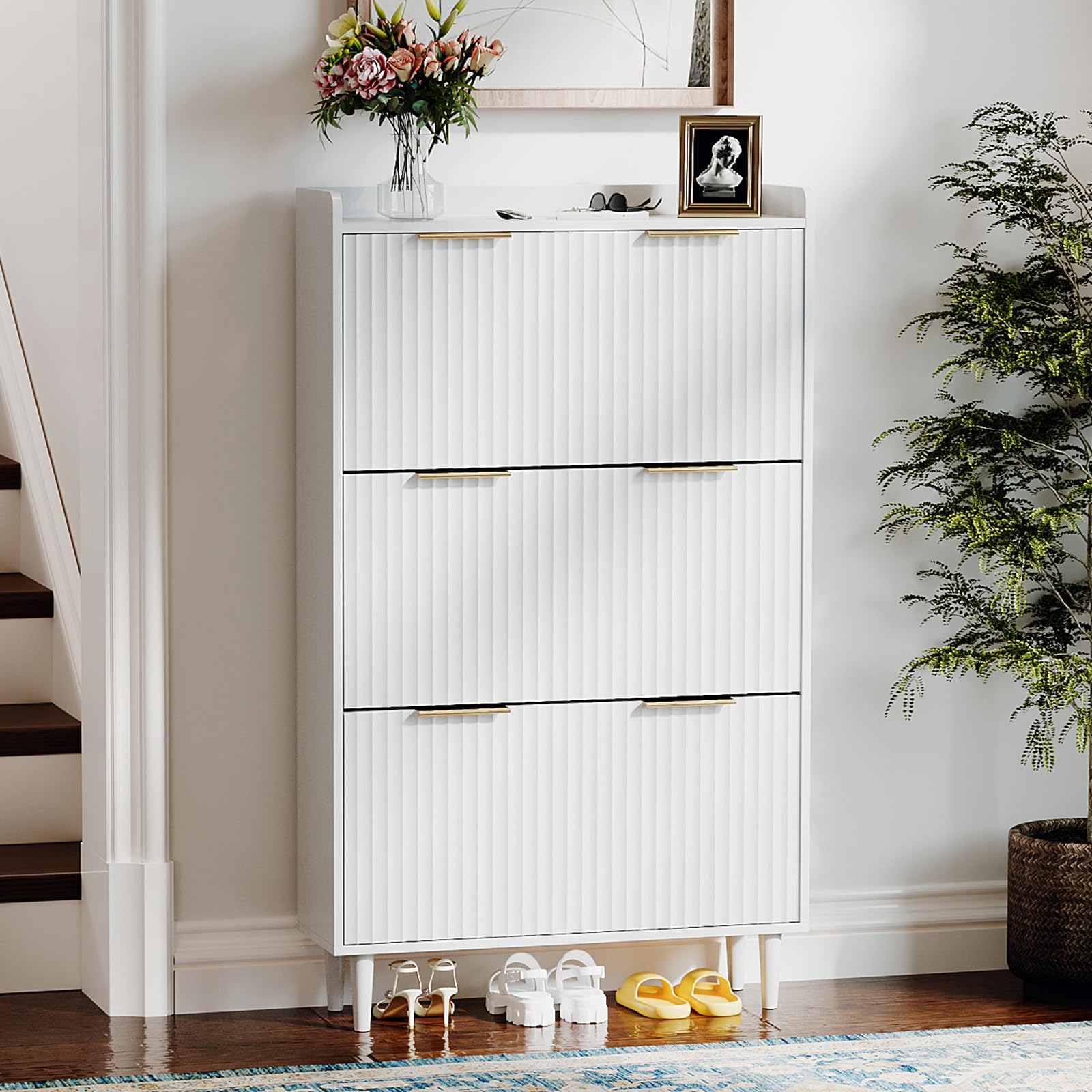 Amazon.com: VINGLI White Fluted Shoe Storage Cabinet for Entryway