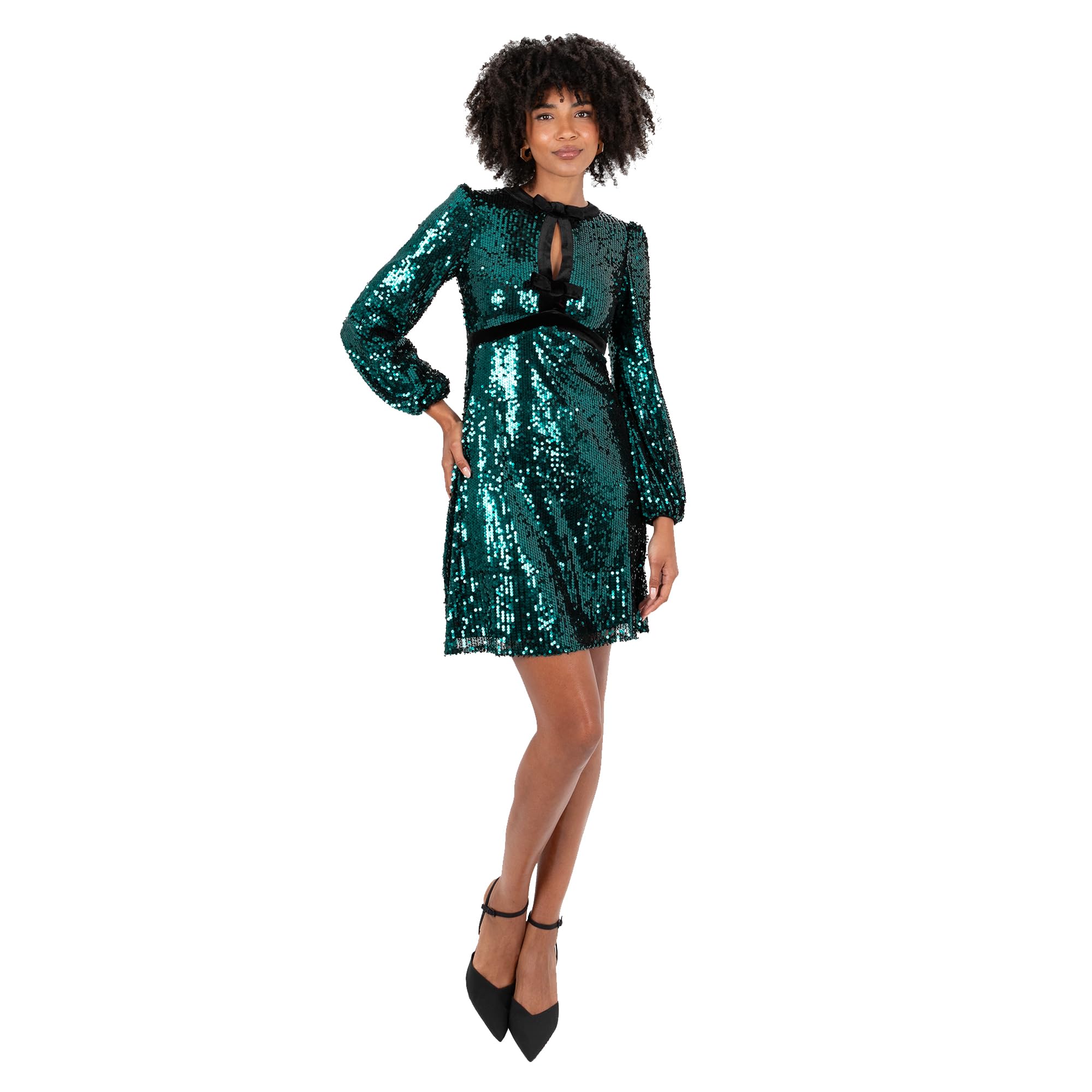 Lovedrobe Womens Plus Size Emerald Green Sequin Mini Dress, Long Sleeve Keyhole Party Cocktail Dress Size 26