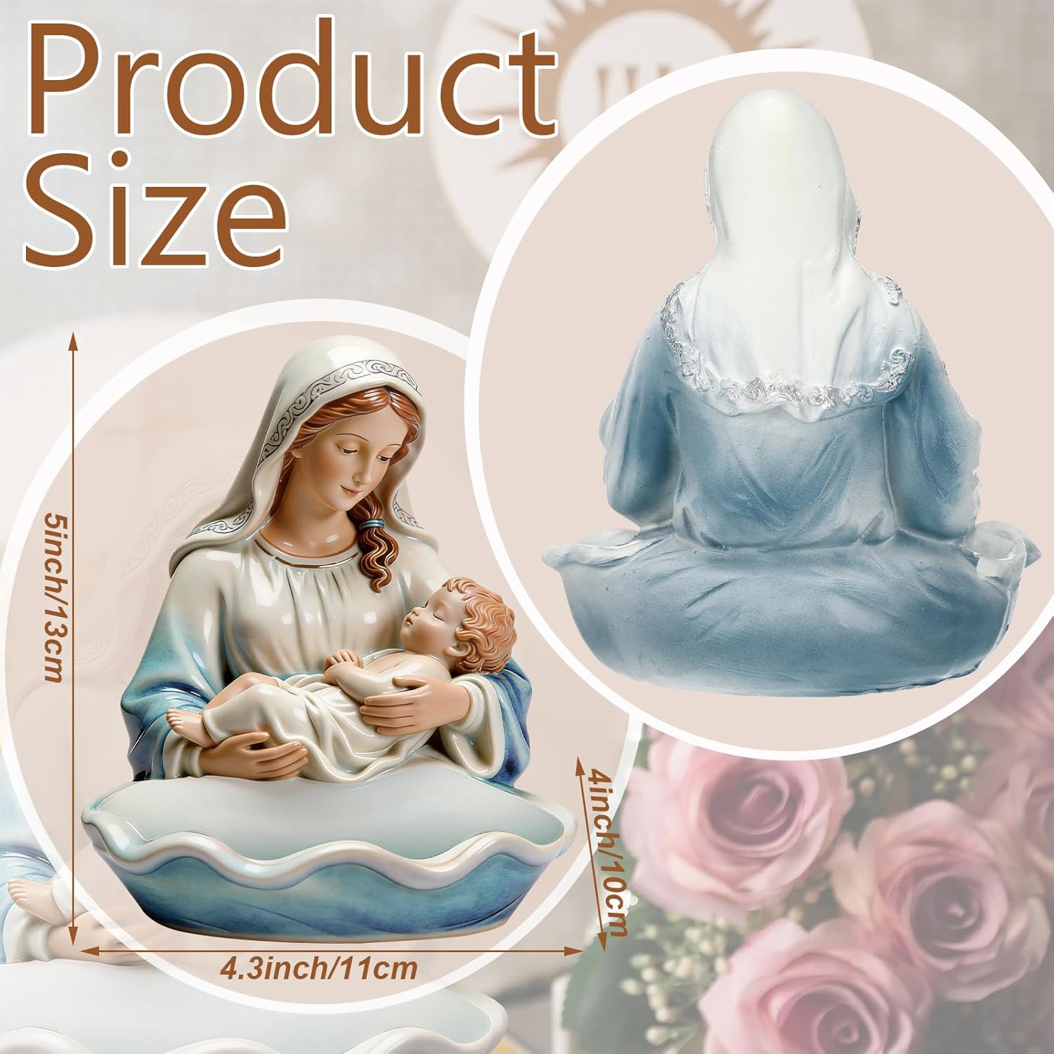 Lineshading Our Lady of Grace Statue Virgin Mary Keepsake Rosary Holder, 5" Blessed Mother Statues, Resin Relic, Catholic Gifts for Women Religious Home Decor (Blue & White)