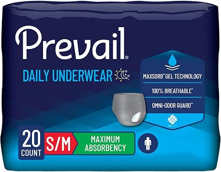Prevail - Mens Protective Underwear - Pull-up Incontinence Underwear - Disposable Adult Diaper - Maximum Absorbency - Small / Medium - 20 Count