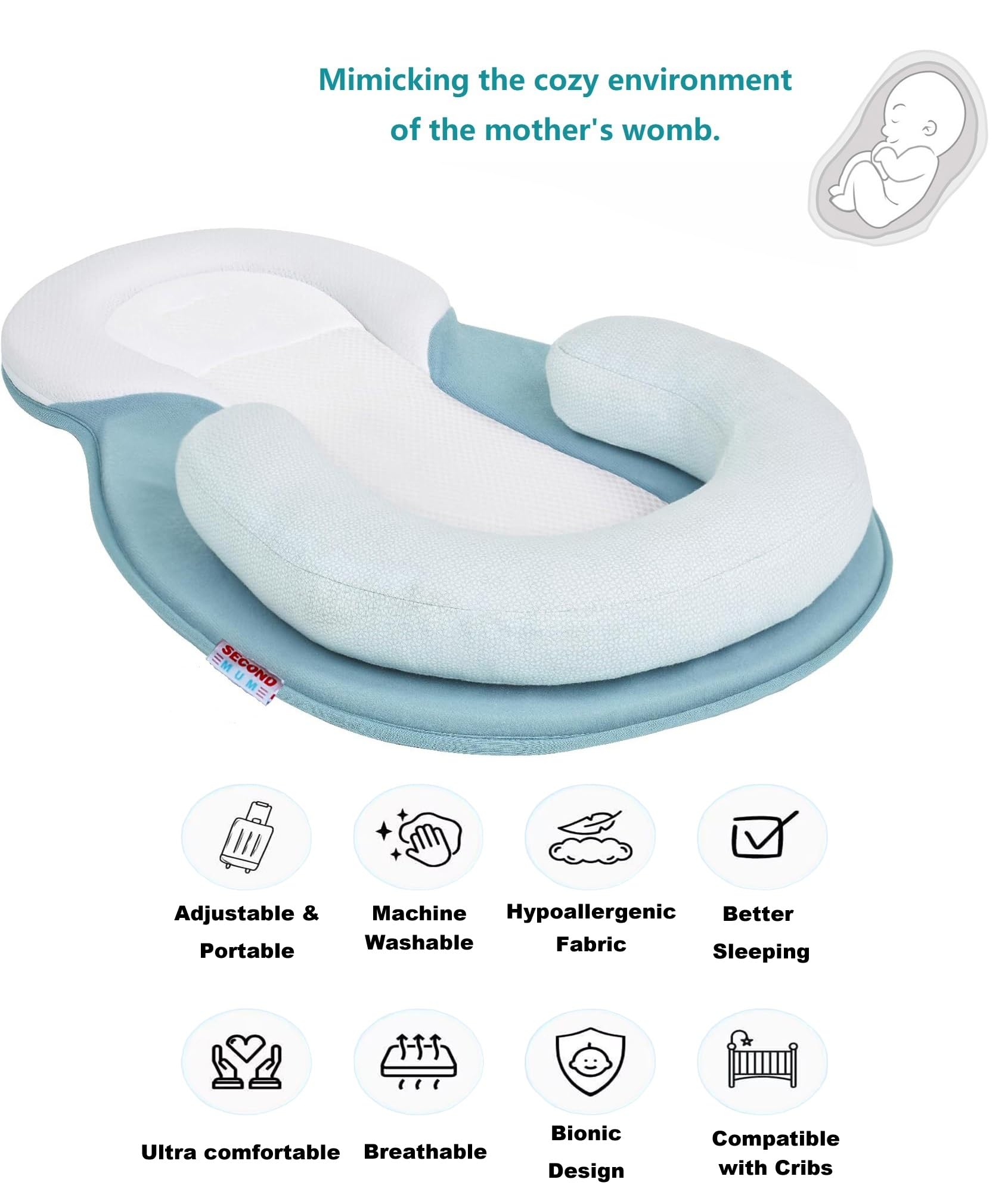 SECOND MUM Ultra Soft Baby Pillow Portable Adjustable Anti-Roll 3D Air Mesh Fabric Newborn Infant Must Have Essentials Shower Gift (Blue)