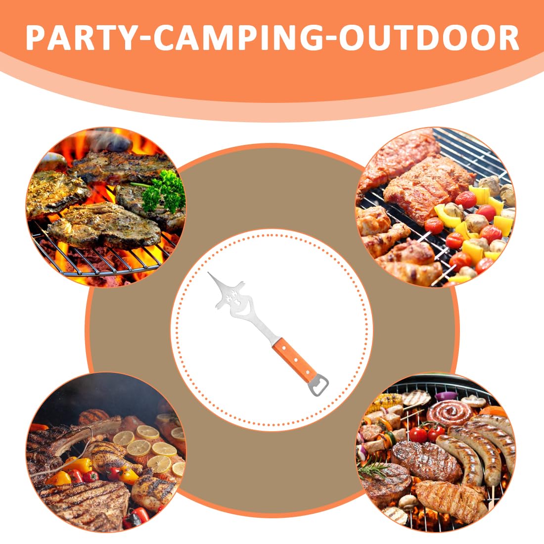 Accessoires de barbecue Funny, Fourchette de barbecue 6 en 1, ustensiles Barbecue INOX avec Manche en Bois, Ustensiles Barbecue Uniques, Accessoires Barbecue pour Le Camping en Plein Air Barbecue