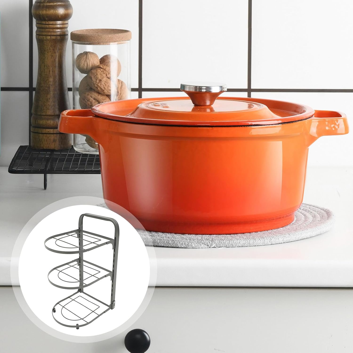 Foldable Carbon Steel Kitchen Pot Organizer Rack for Cabinets Multi-functional Pan and Steam Pot Storage with Rust-resistant Shelves Space-saving Cookware Holder for Household Use