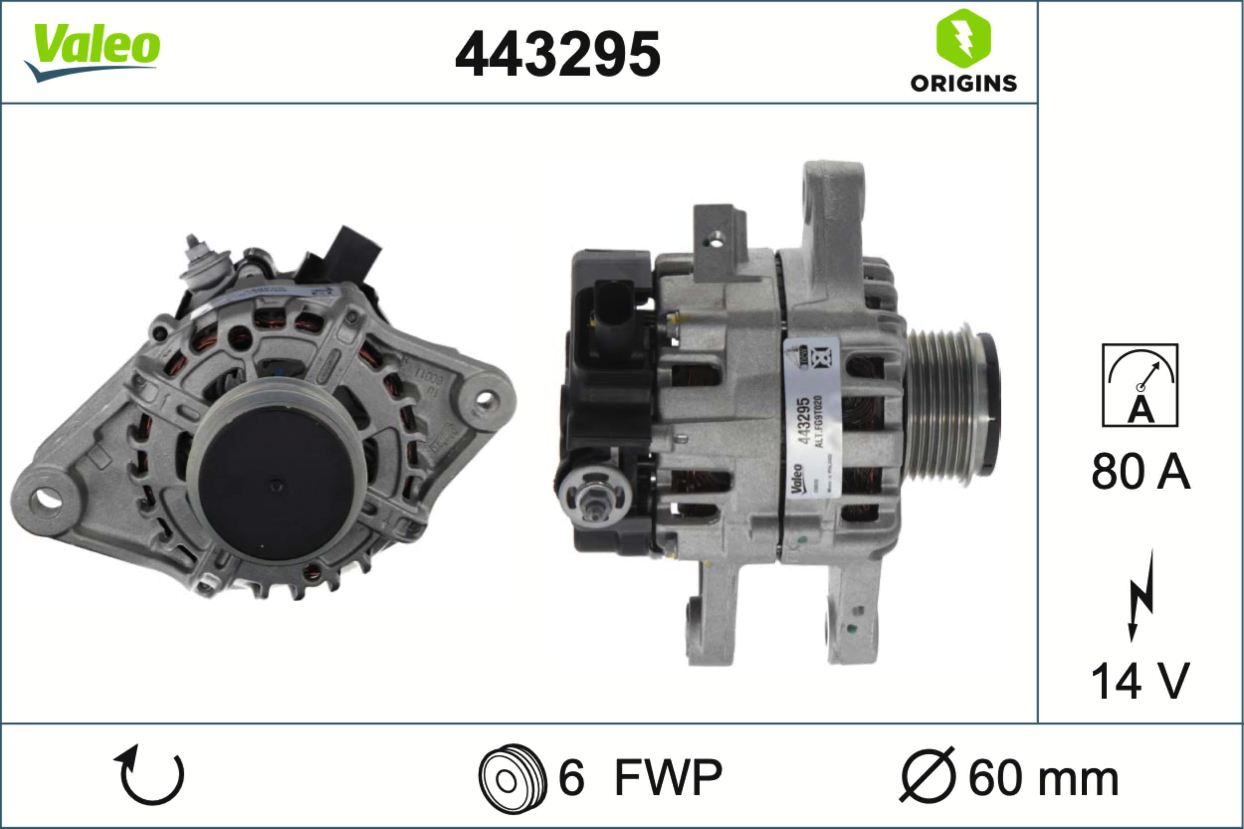 Valeo Alternatore 443295 - 80 Amp - 6 Scanalature - 14 V