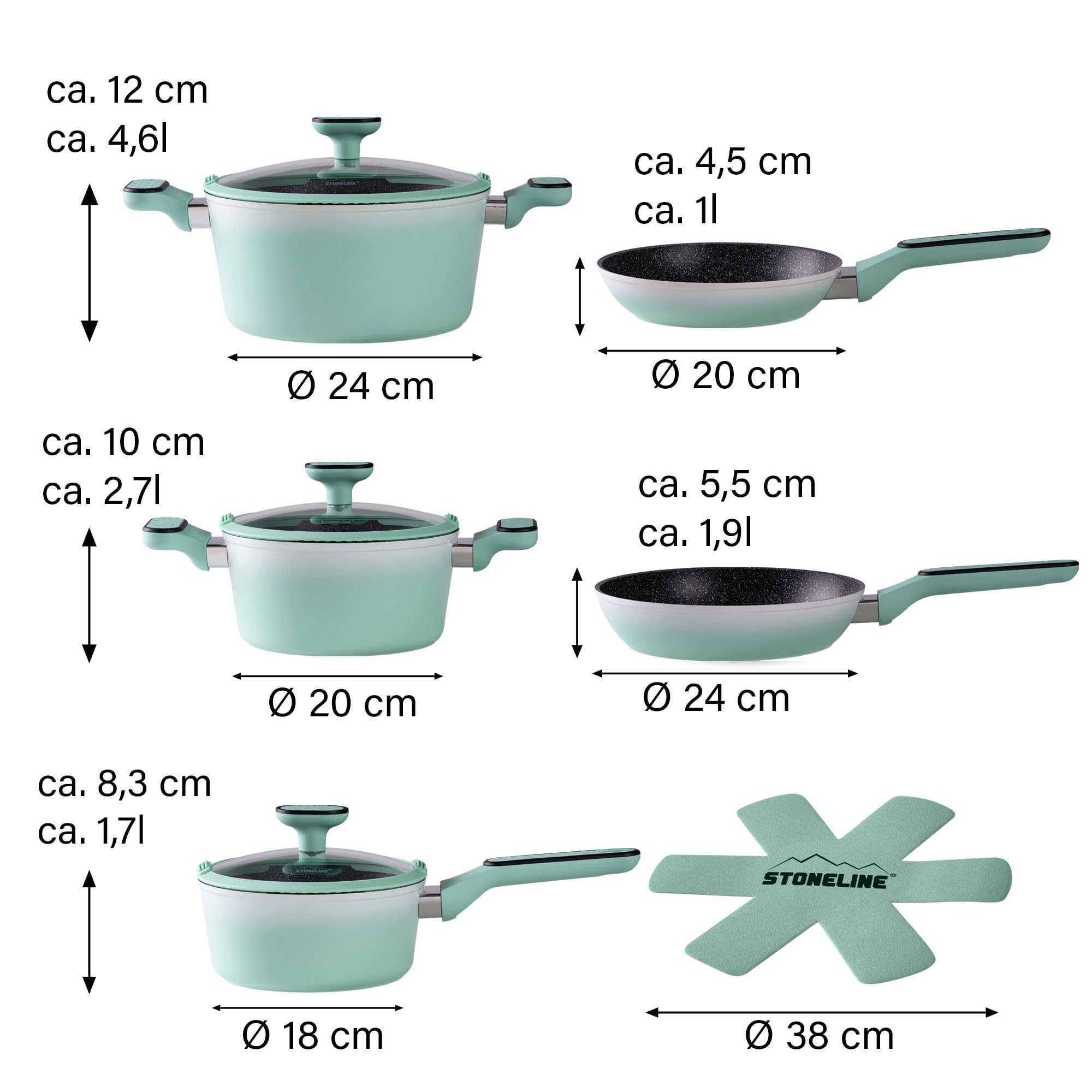STONELINE Kochgeschirr Set 11-teilig 18/20/24 cm Set Pfannen und Töpfe mit Deckel, Topfset Pfanne Induktion Antihaft Beschichtet mit echten Steinpartikeln, Alle Herdarten, Farbe: Mint