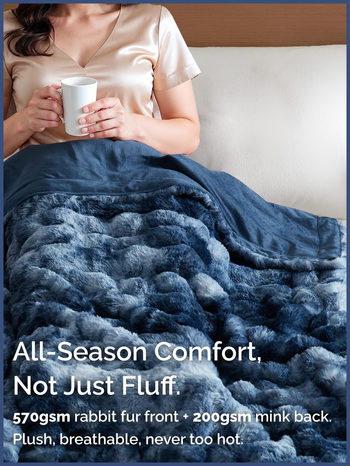 Fluffy Throw Bubble Blanket Queen Size - Faux Fur Throw for Couch or Bed - Plush Soft Extra Thick Faux Fur Rabbit Blanket - Warm & Breathable - Luxury Minky Tie Dye Bedding - 90" x 90", Marble Blue