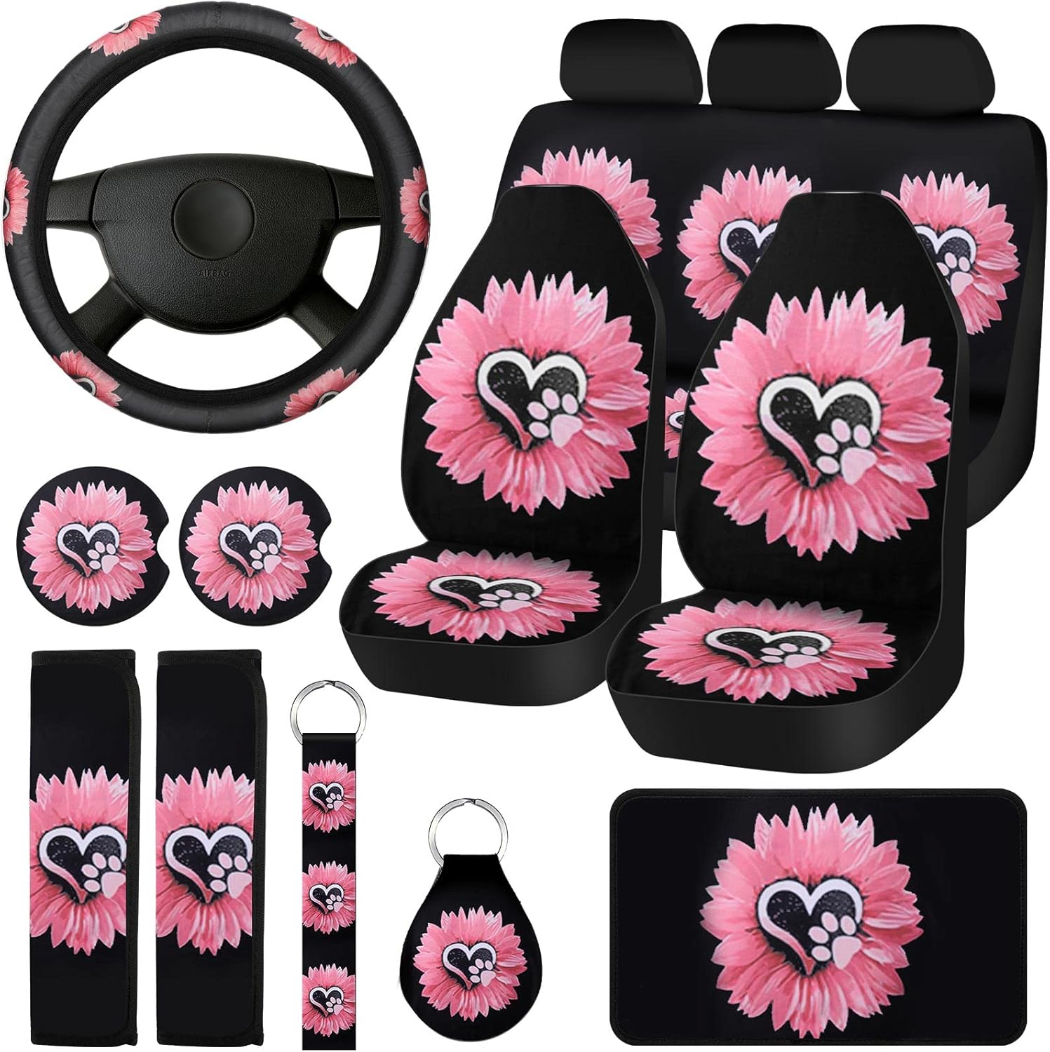 15 Pcs Pink Flowers Dog Paw Sunflower Car Seat Covers Full
