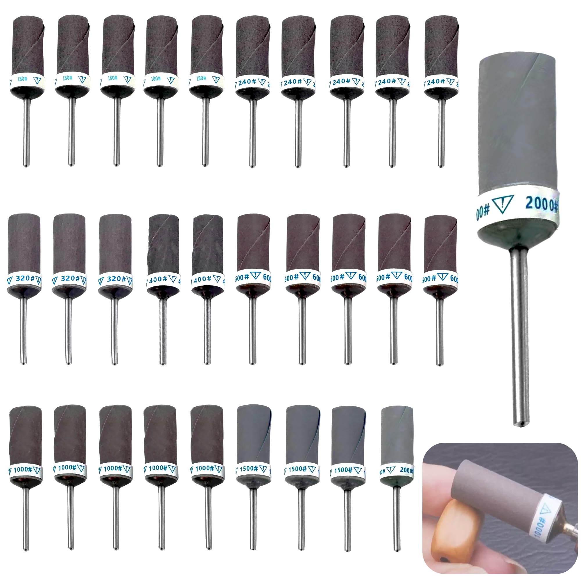 30 Stücke Schleifhülsen Satz für Dremel Rotationswerkzeug, mit 8 Körnungen 180 240 320 400 600 1000 1500 2000, Schleifaufsätze mit 3mm Schaft Schleifzylinder zur Schleifen & Rosten für Metall Holz