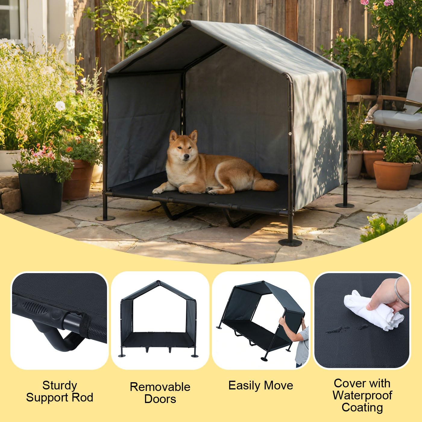 Hundehütte Outdoor mit Hundebett, 100 x 87 x 106 cm, Sonnengeschützte Hundehütte für Kleine bis Große Hunde und Katzen, Wasserdichtes Hundezelt mit Abnehmbarer Tür, für Camping, Garten, Dunkelgrau