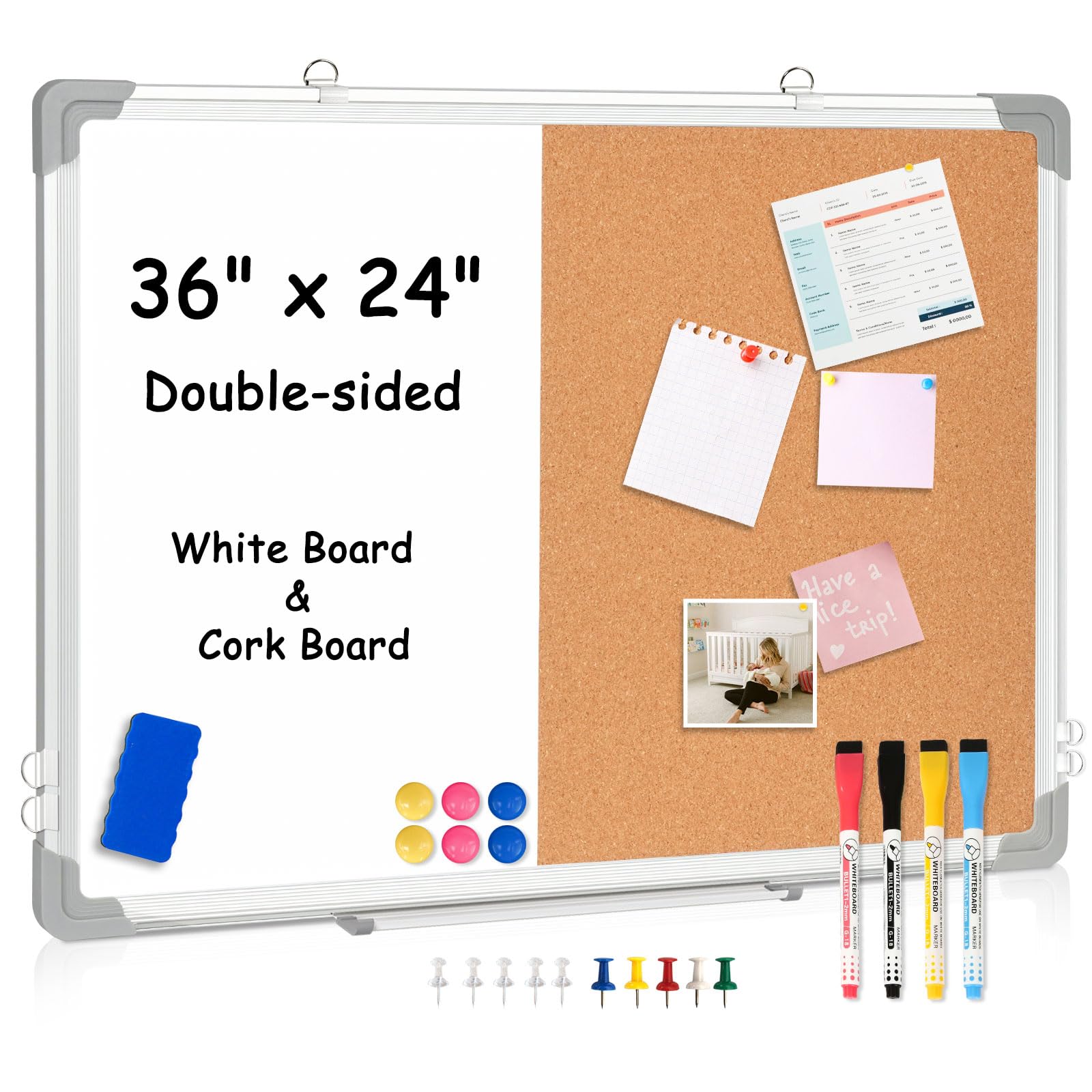 Double-Sided Combination Magnetic White Board & Cork Board, 36" x 24" Dry Erase Board & Cork Board Combo for Wall, Hanging Whiteboard for Planning, Kitchen, Memo, School, Home, Office