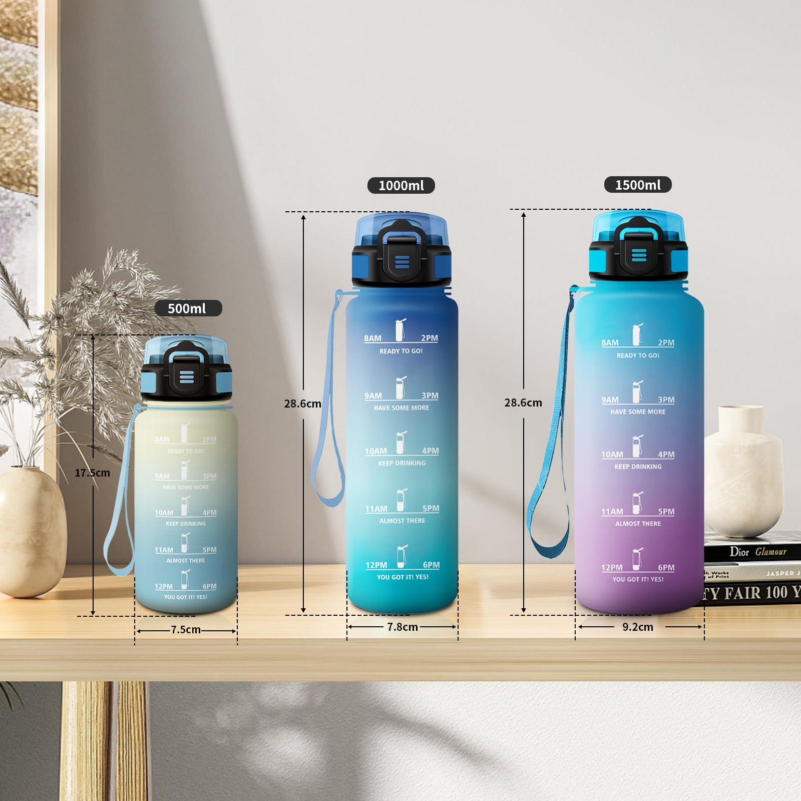 KollyKolla Borraccia 500ml, Borraccia con Cannuccia, Facile Pulizia, a Prova di Perdite, Bottiglia Acqua Motivazionale con Indicatore del Tempo, Bottiglia per Ufficio, Escursionismo, Yoga