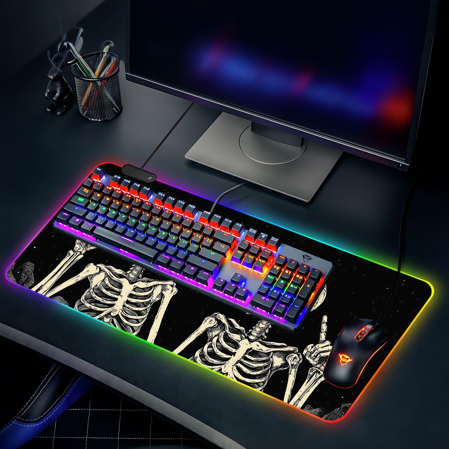 Tappetino per mouse da gioco RGB XL 89,9 x 40,6 cm, con teschio scheletrato, tappetino per mouse da gioco LED, antiscivolo, grande tappetino da scrivania per configurazione dei giocatori