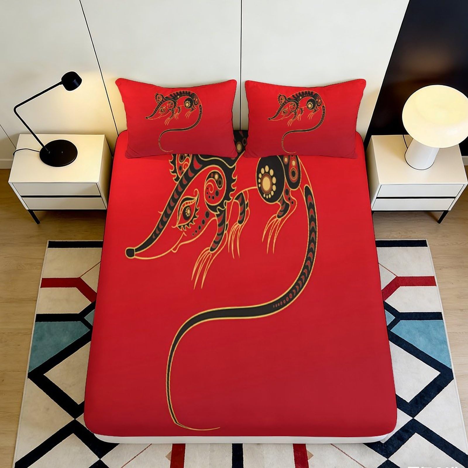 3D Printed Ethnic Mouse Pattern Fitted Sheet Microfiber Non-Slip Deep Pocket Ethnic Mattress Fitted Cover Washable 160x200x25cm