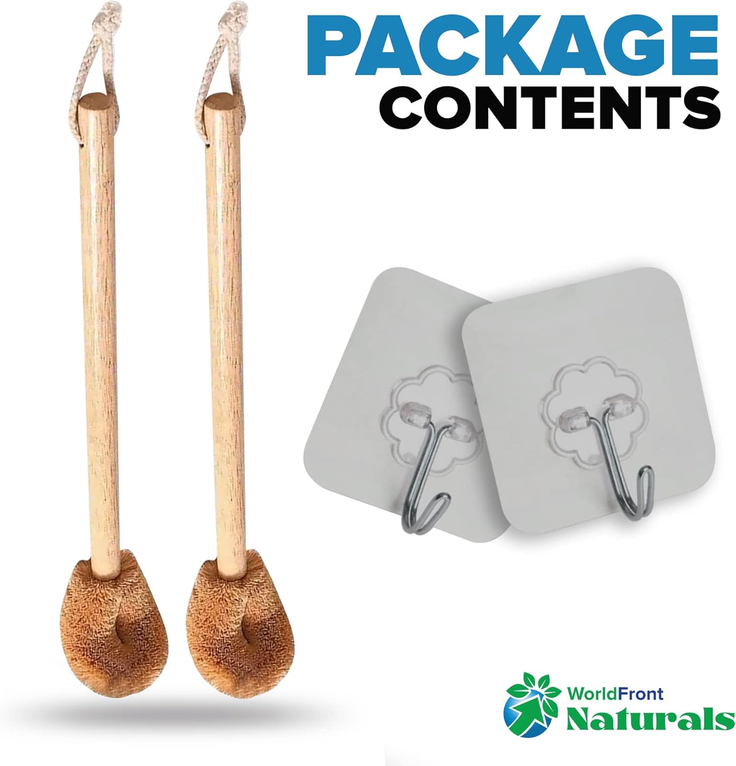 Naturals Toilet Bowl Brush - Natural Coconut Fiber Golf Head & Long Wooden Handle for Effective Cleaning for Bathroom Toilet - Eco-Friendly & Durable - 2 Pack Brushes with 2 Wall Hooks
