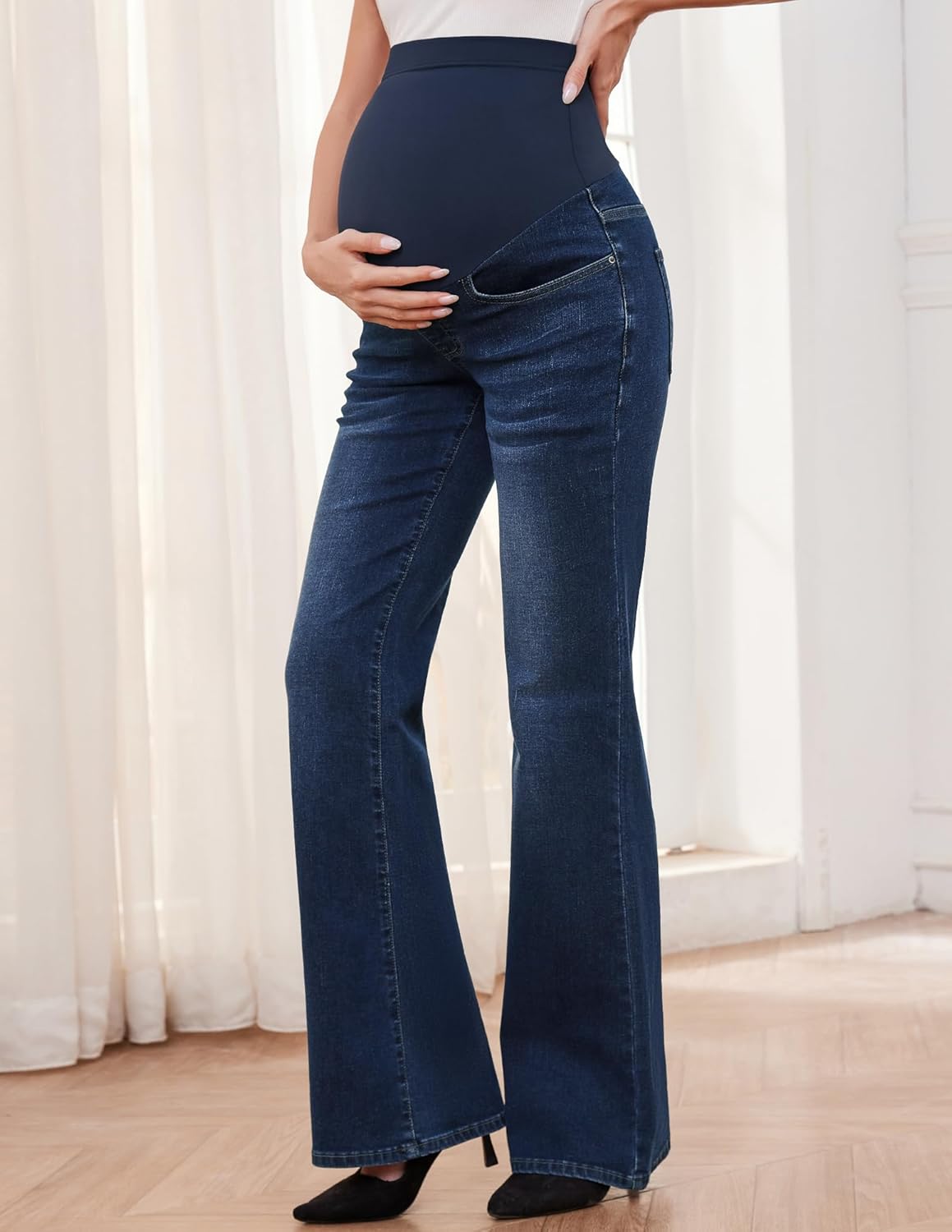 GLAMIX Women's Stretch Maternity Bootcut Jeans with Pockets Over The Belly Bell Bottoms Flare Denim Pants Pregnancy Clothes - Image 4