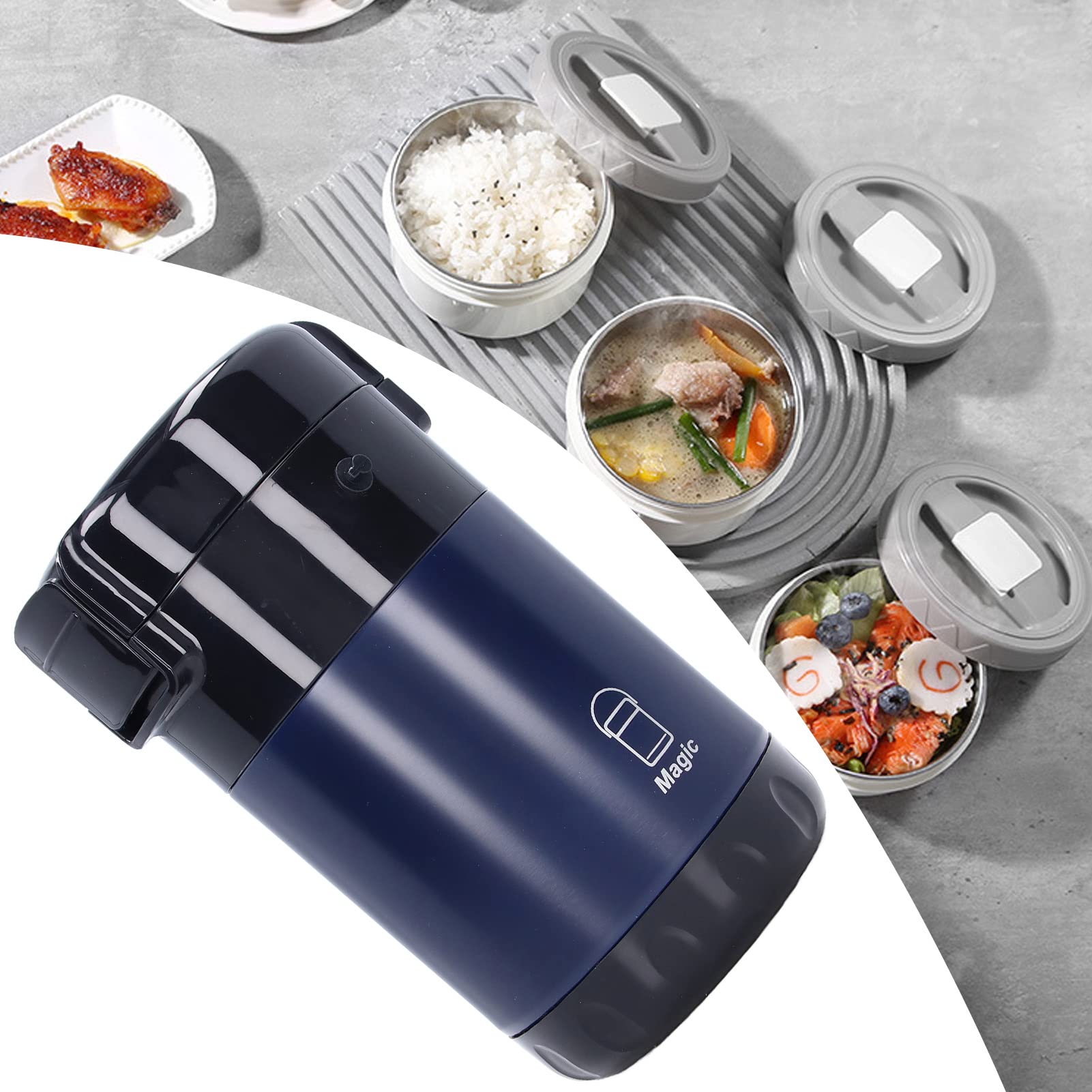 Fiambrera Themral, contenedor de almuerzo apilable de 2,3 l con compartimento de acero inoxidable, interior de doble vacío for adultos, mujeres, hombres y niños (3 capas) (azul profundo)(Deep Blue)