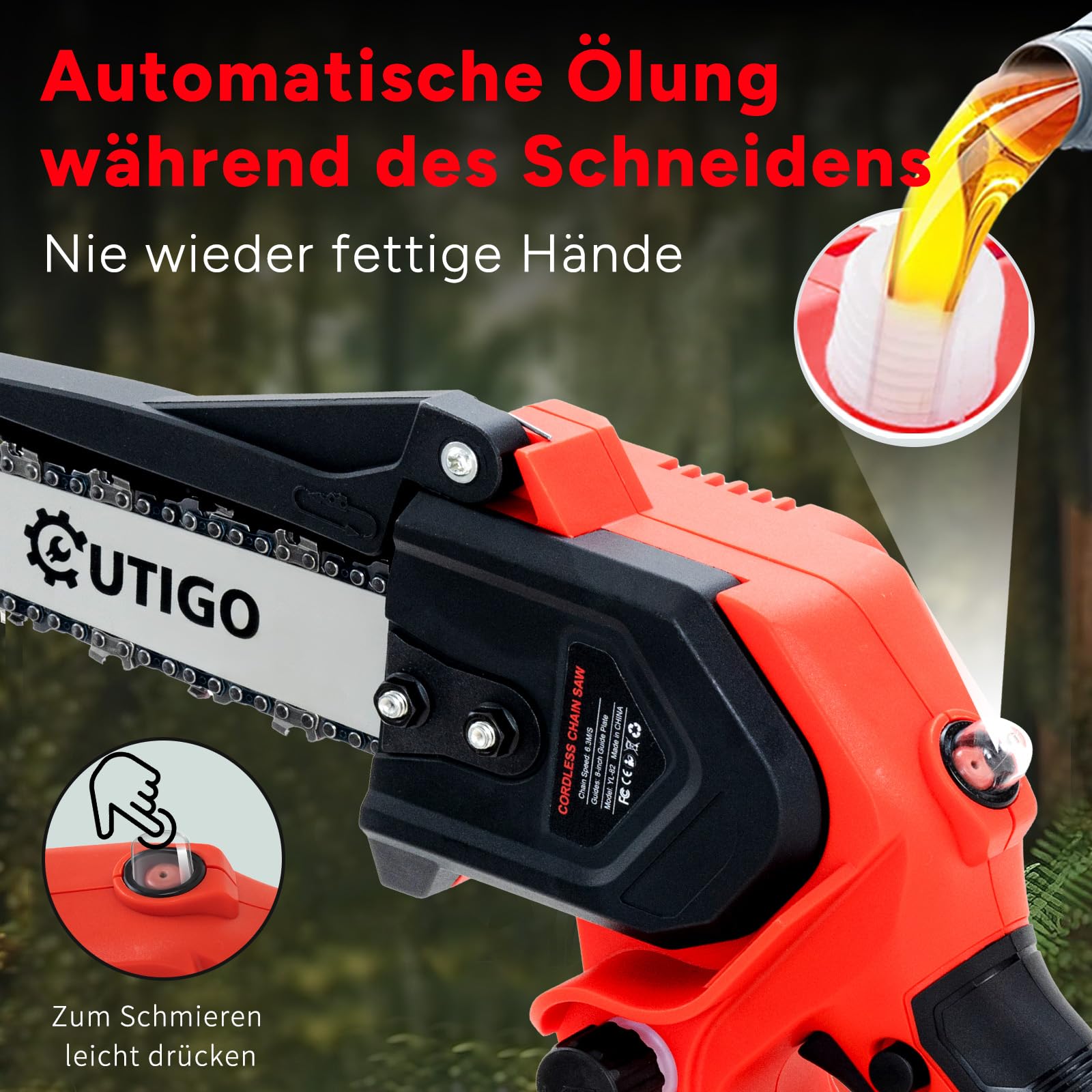 OUTIGO Akku Kettensäge 8 Zoll, Bürstenloser Motor 800W, 2x 4000mAh Lithium-Ionen Akku, Handkettensäge für Baum- und Astschnitt, Gartensäge für Holzarbeiten (mit Ladegerät)