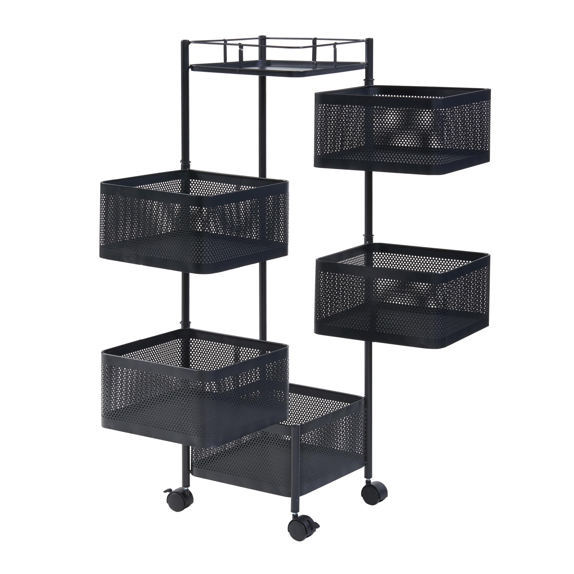 [en.casa] Chariot de Service à 5 Niveaux Desserte à roulettes avec Paniers Dépliables Meuble de Rangement pour Cusine Salle de Bain Bureau Acier 95 x 27 x 27 cm Noir