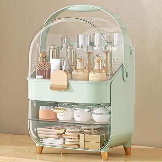 Makeup Organizer with Lid and Drawers - Cosmetic Display Case & Skin Care Storage with Dust Cover for Perfume Storage on Bathroom Cabinet or Dresser Board - Light Green