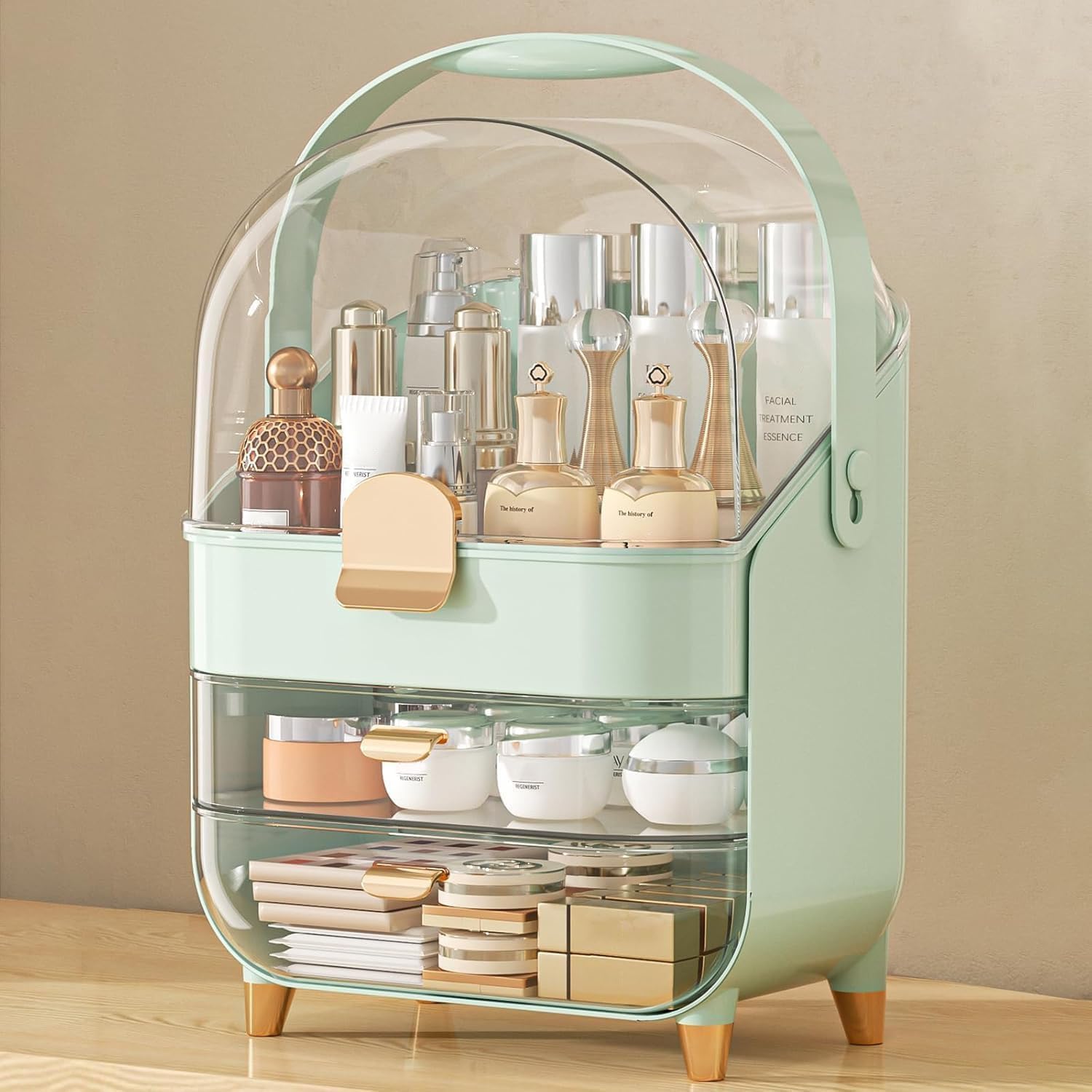 Makeup-Organizer mit Deckel & Schubladen – Kosmetik-Vitrine & Hautpflege-Aufbewahrung mit Staubschutz für Parfüm auf Badezimmerwaschtisch oder Kommode – Grün